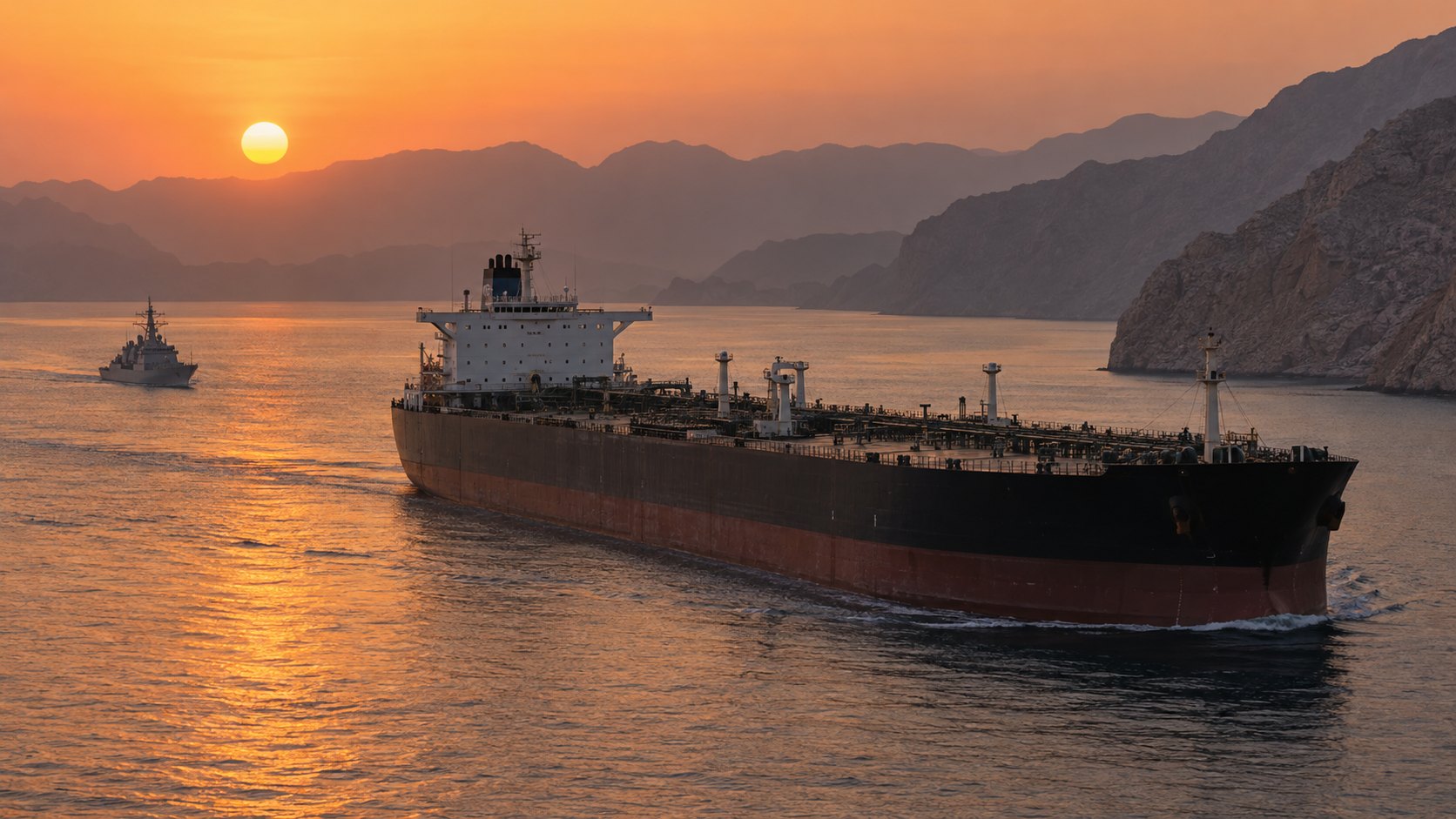 Ilustración editorial generada con IA: al atardecer, un superpetrolero cargado navega por el estrecho de Ormuz con las montañas áridas de la península de Musandam al fondo y un buque de guerra gris a lo lejos; composición conceptual, no es una fotografía de un buque o de un hecho real.