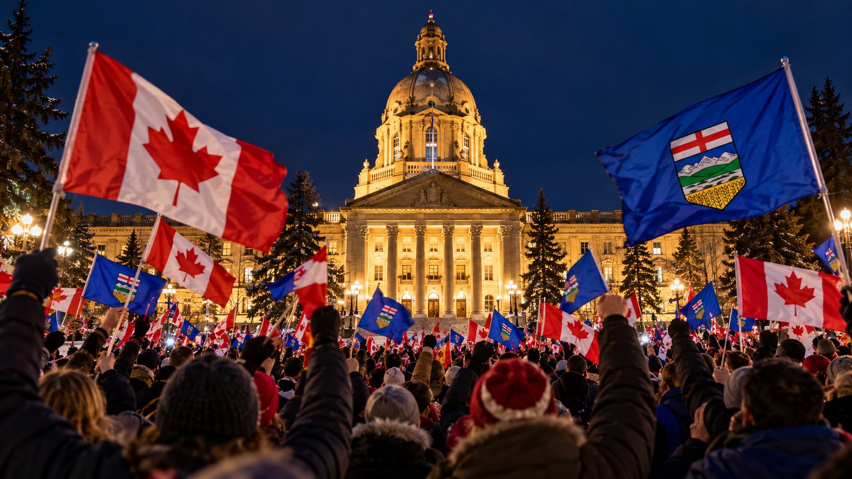 Ilustración editorial generada con IA: de noche, frente al edificio iluminado de la Legislatura de Alberta en Edmonton, una multitud levanta banderas de Canadá con la hoja de arce roja y banderas azules de Alberta; composición conceptual, no es una fotografía de los festejos reales.