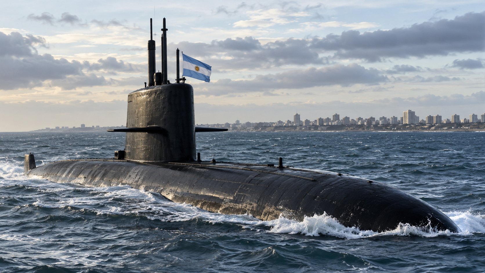 Ilustración editorial generada con IA: un submarino convencional de casco negro navega en superficie frente a la costa de Mar del Plata, con una bandera argentina en la vela; composición conceptual, no es una fotografía de un submarino real ni de los modelos ofrecidos.
