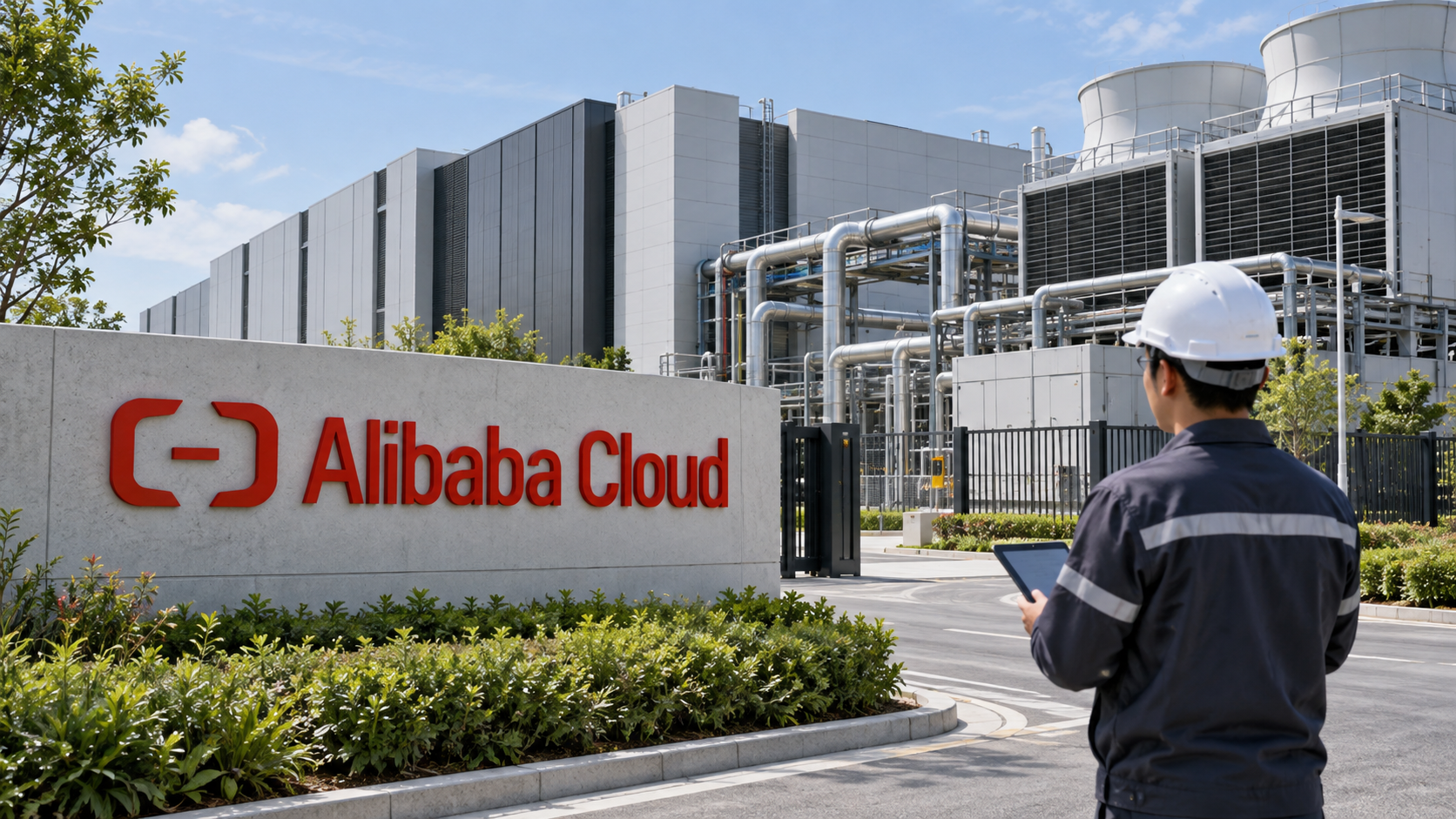 Ilustración editorial generada con IA: ingeniero recorre infraestructura de Alibaba Cloud; no representa una instalación real de Alibaba.