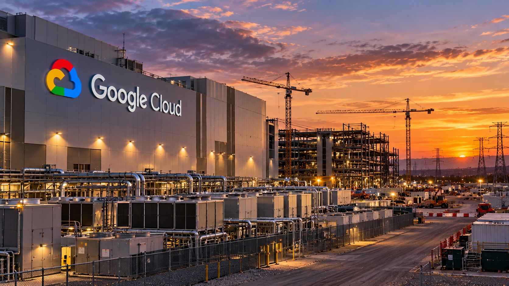 Ilustración editorial generada con IA: un centro de datos con el logo de Google Cloud en la fachada al atardecer, con grúas y nuevos módulos en construcción a su lado; composición conceptual, no es una fotografía de una instalación identificada.