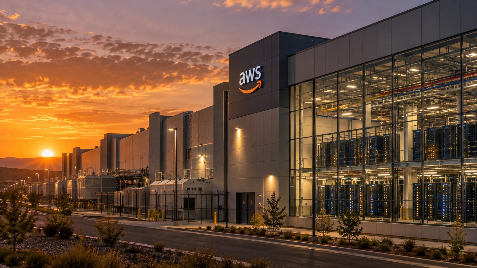 Ilustración editorial generada con IA: un centro de datos de Amazon Web Services con el logo de AWS en la fachada y filas de racks de servidores visibles por un ventanal, al atardecer; composición conceptual, no es una fotografía documental.