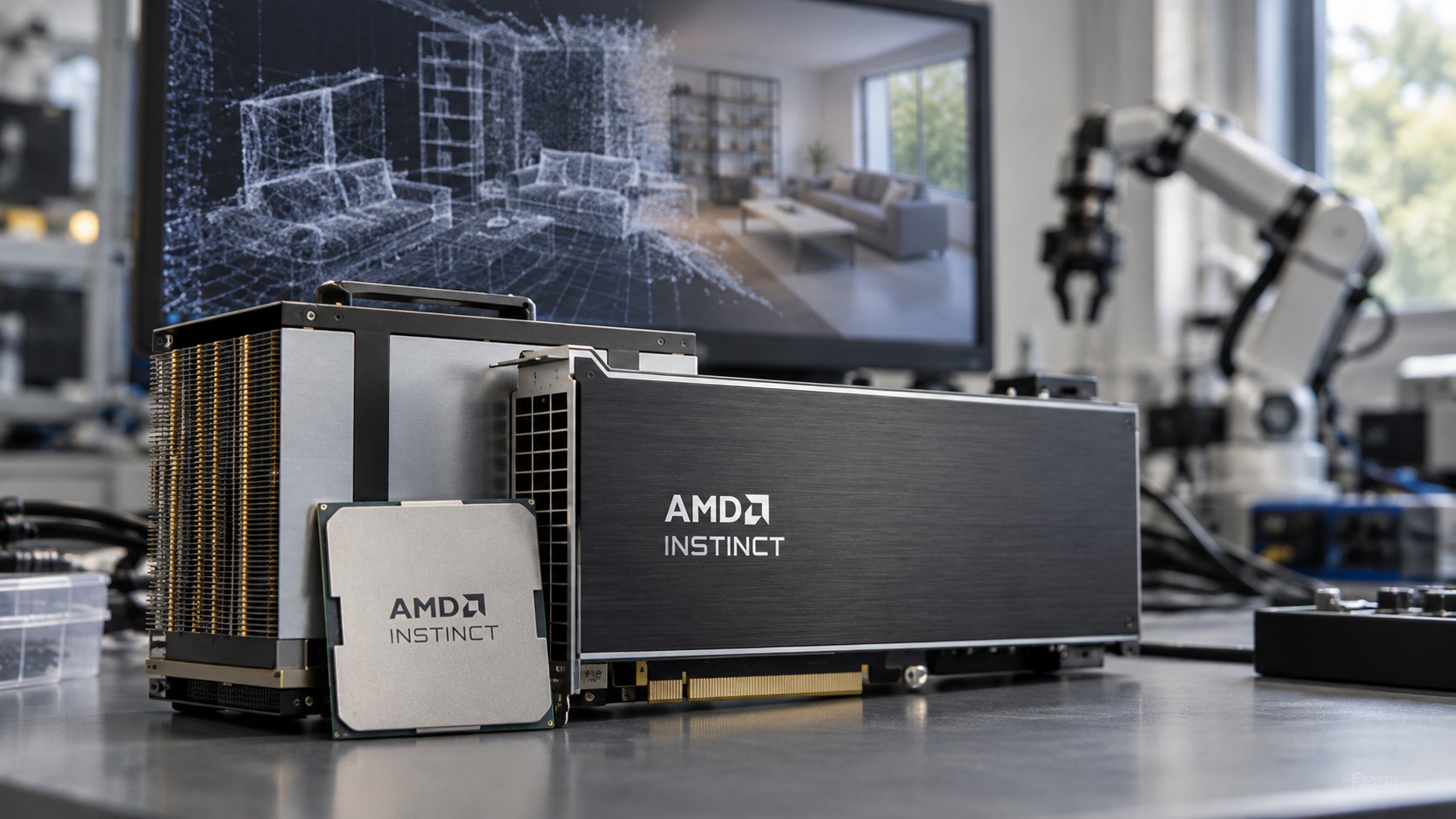 Ilustración editorial generada con IA: un acelerador de IA con el logo de AMD sobre una mesa de laboratorio y, detrás, un monitor que muestra un entorno 3D reconstruido y un brazo robótico de investigación; composición conceptual, no es una fotografía de productos, oficinas ni del anuncio.