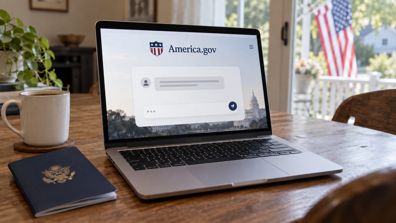 Ilustración editorial generada con IA: una laptop sobre la mesa de una casa estadounidense muestra una página con el nombre America.gov y una caja de conversación, junto a un pasaporte de EE.UU. y una taza, con una bandera estadounidense en el porche; composición conceptual, no reproduce el diseño real del sitio.