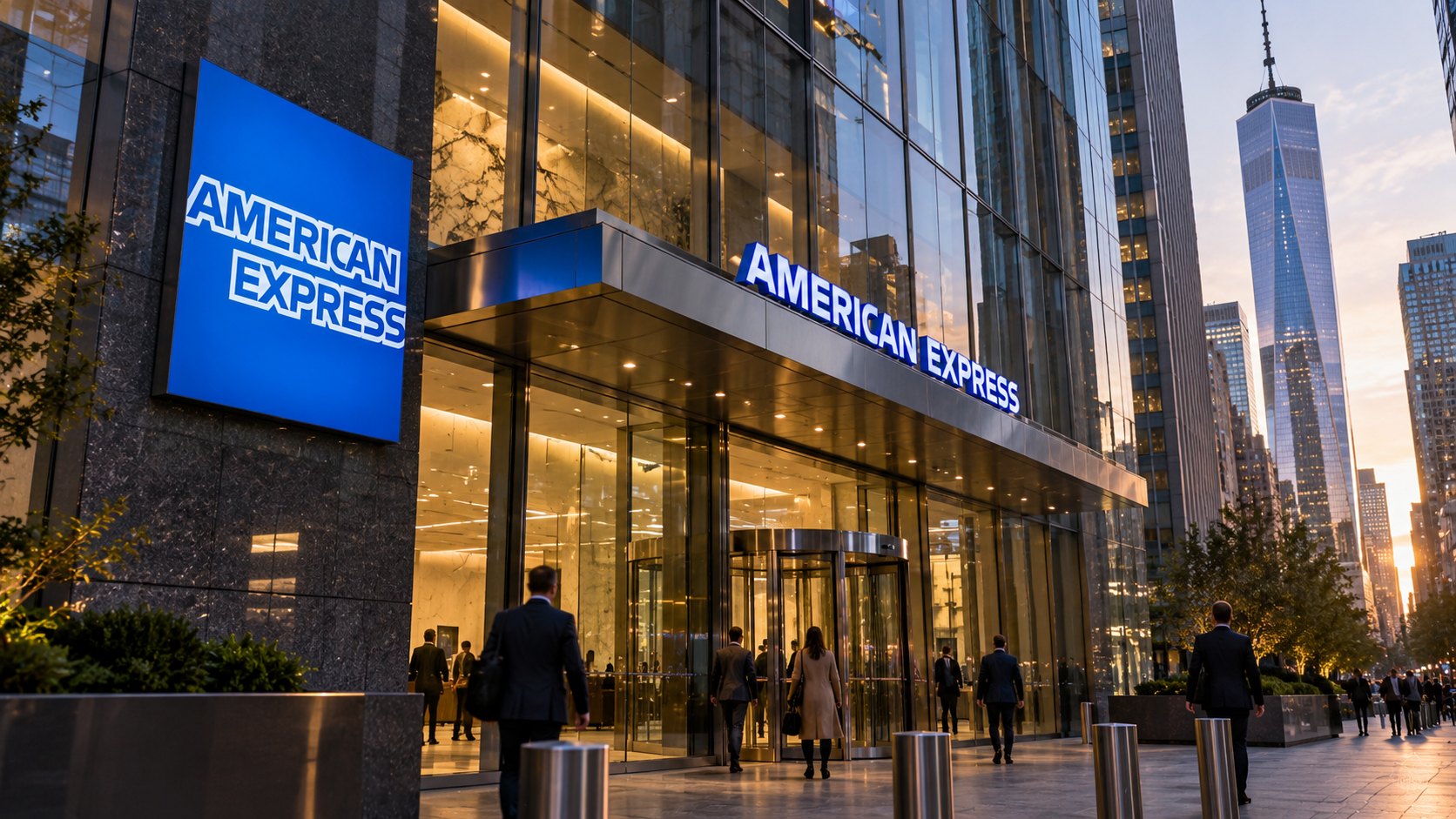 Ilustración editorial generada con IA: la entrada de la sede de American Express en el Bajo Manhattan al atardecer, con el logo azul de la empresa en la fachada de vidrio y oficinistas lejanos; composición conceptual, no es una fotografía del edificio real.