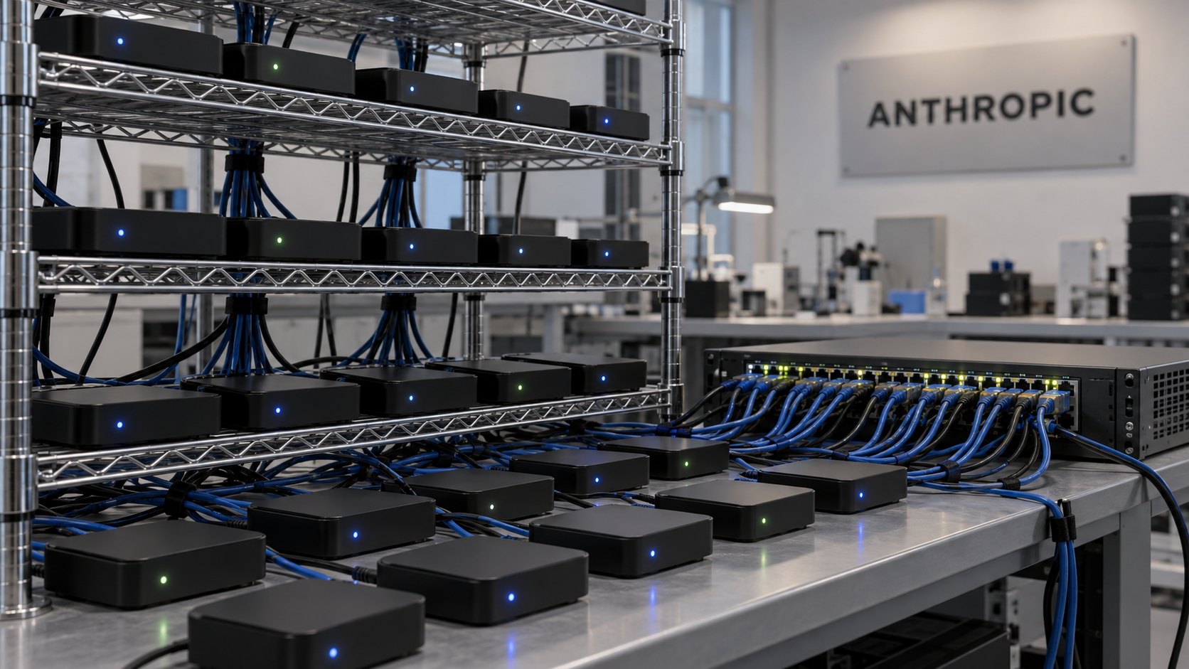 Ilustración editorial generada con IA: un banco de pruebas con decenas de cajas de Android TV genéricas apiladas en estanterías metálicas, conectadas por cables de red a un switch, con el nombre de Anthropic en una placa al fondo; composición conceptual, no es una fotografía del laboratorio ni del experimento real.
