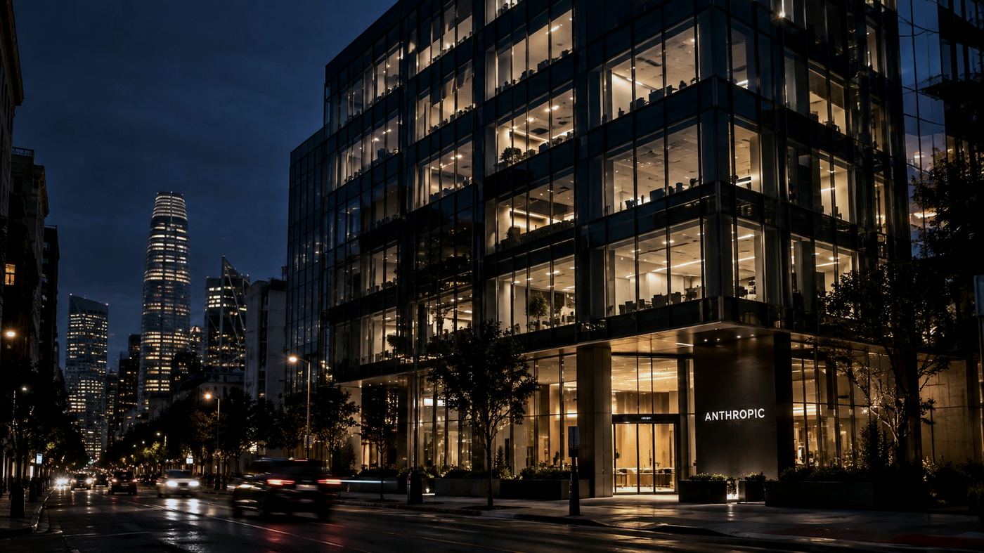 Fachada iluminada de un edificio de oficinas corporativo de vidrio en San Francisco de noche, con el nombre Anthropic en la entrada y el horizonte de la ciudad de fondo