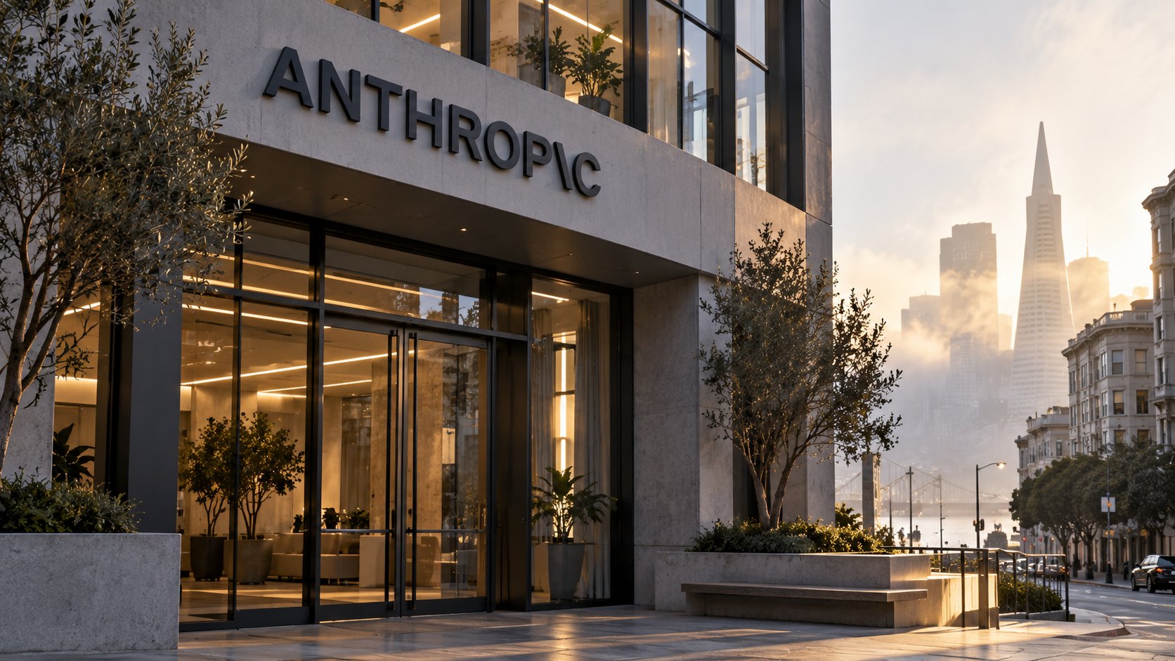 Ilustración editorial generada con IA: el frente de un edificio de oficinas en San Francisco con el nombre de Anthropic sobre la entrada, al amanecer; composición conceptual, no es una fotografía de la sede real.