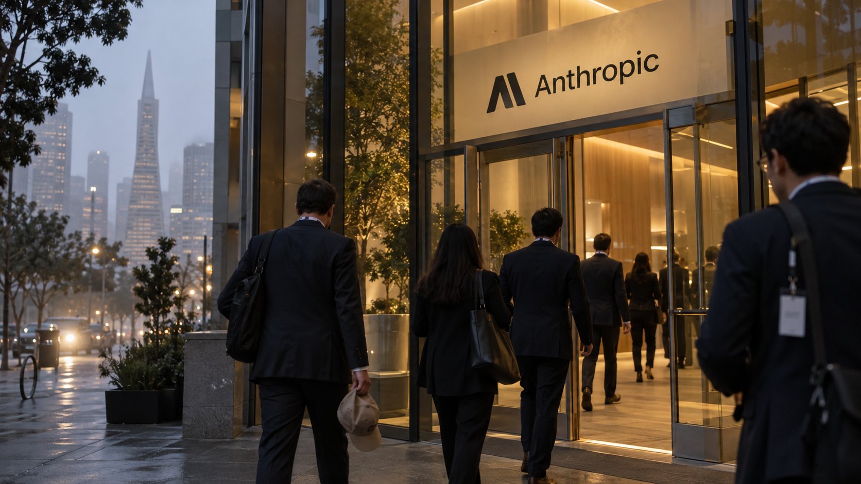 Ilustración editorial generada con IA: la entrada de un edificio de oficinas en San Francisco al atardecer, con el nombre y el logo de Anthropic sobre la puerta de vidrio, e inversores de traje y con credenciales que entran de espaldas; uno lleva una gorra beige en la mano. Composición conceptual, no es una fotografía del encuentro ni de la sede real.