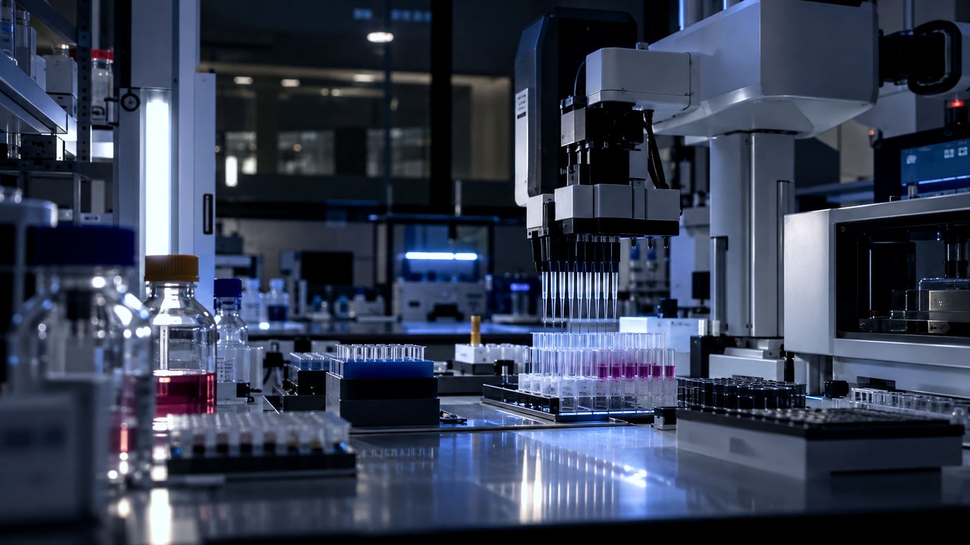 Interior de un laboratorio de biología molecular por la noche, con pipetas automatizadas y equipamiento robótico de mesada sobre una bancada iluminada