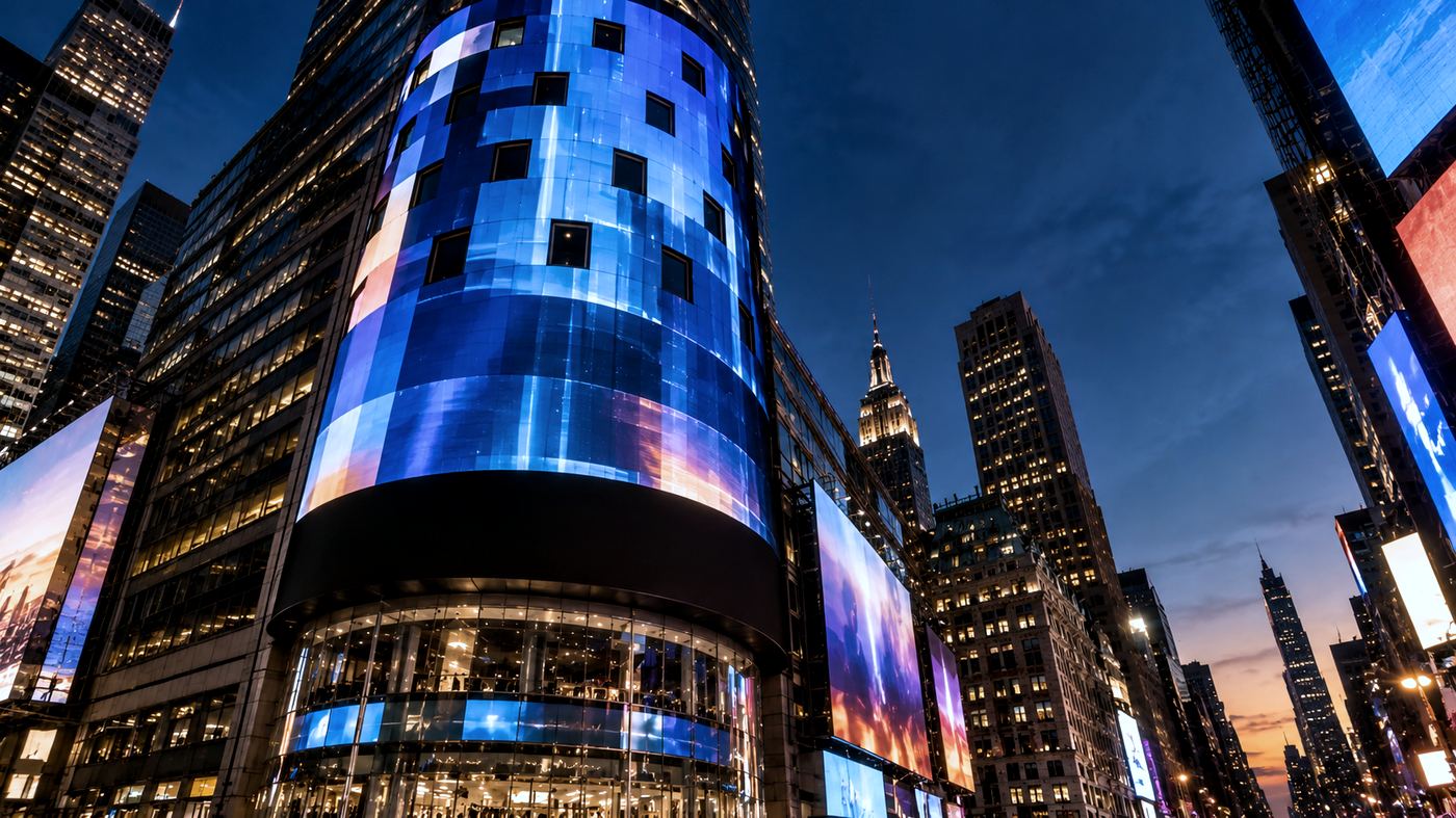 Fachada del edificio Nasdaq MarketSite en Times Square, Nueva York, iluminada al atardecer con su pantalla curva de cotizaciones bursátiles
