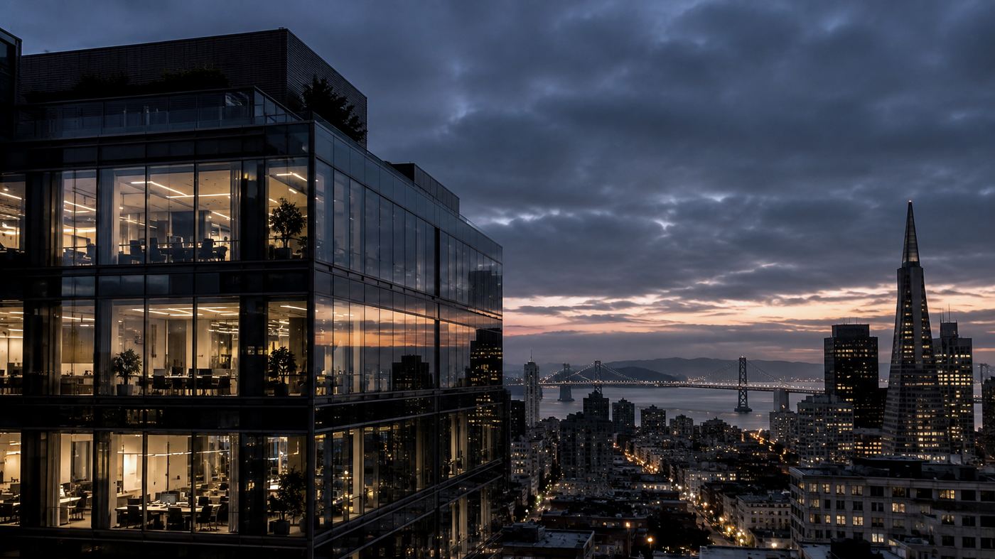 Fachada de un edificio de oficinas corporativo en San Francisco al atardecer, con ventanas iluminadas