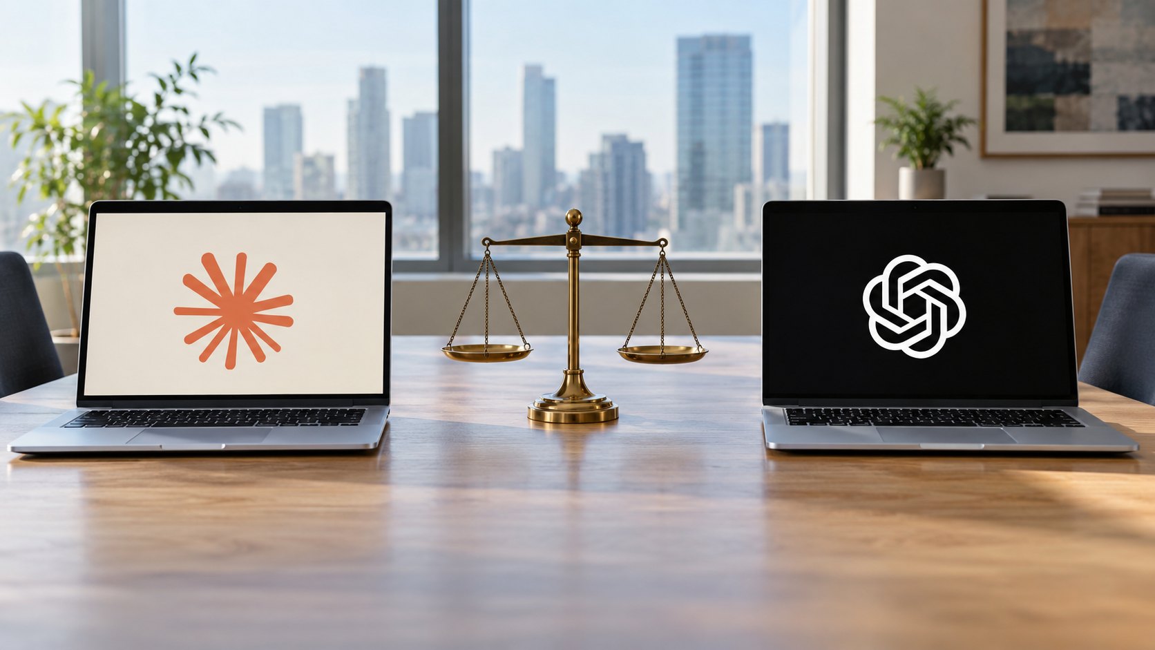 Ilustración editorial generada con IA: dos laptops enfrentadas sobre un escritorio, una con la marca de Claude y otra con la de OpenAI; no representa oficinas ni productos en uso reales.