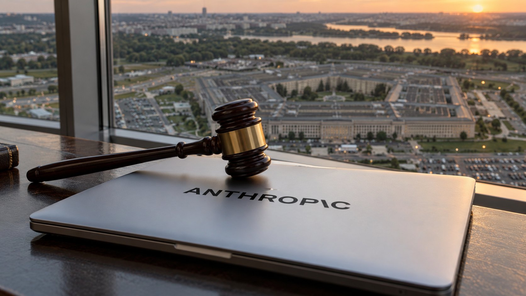 Ilustración editorial generada con IA: una laptop cerrada con el logotipo de Anthropic y un mazo de juez sobre una mesa, con el edificio del Pentágono al fondo; composición conceptual, no es una fotografía real.