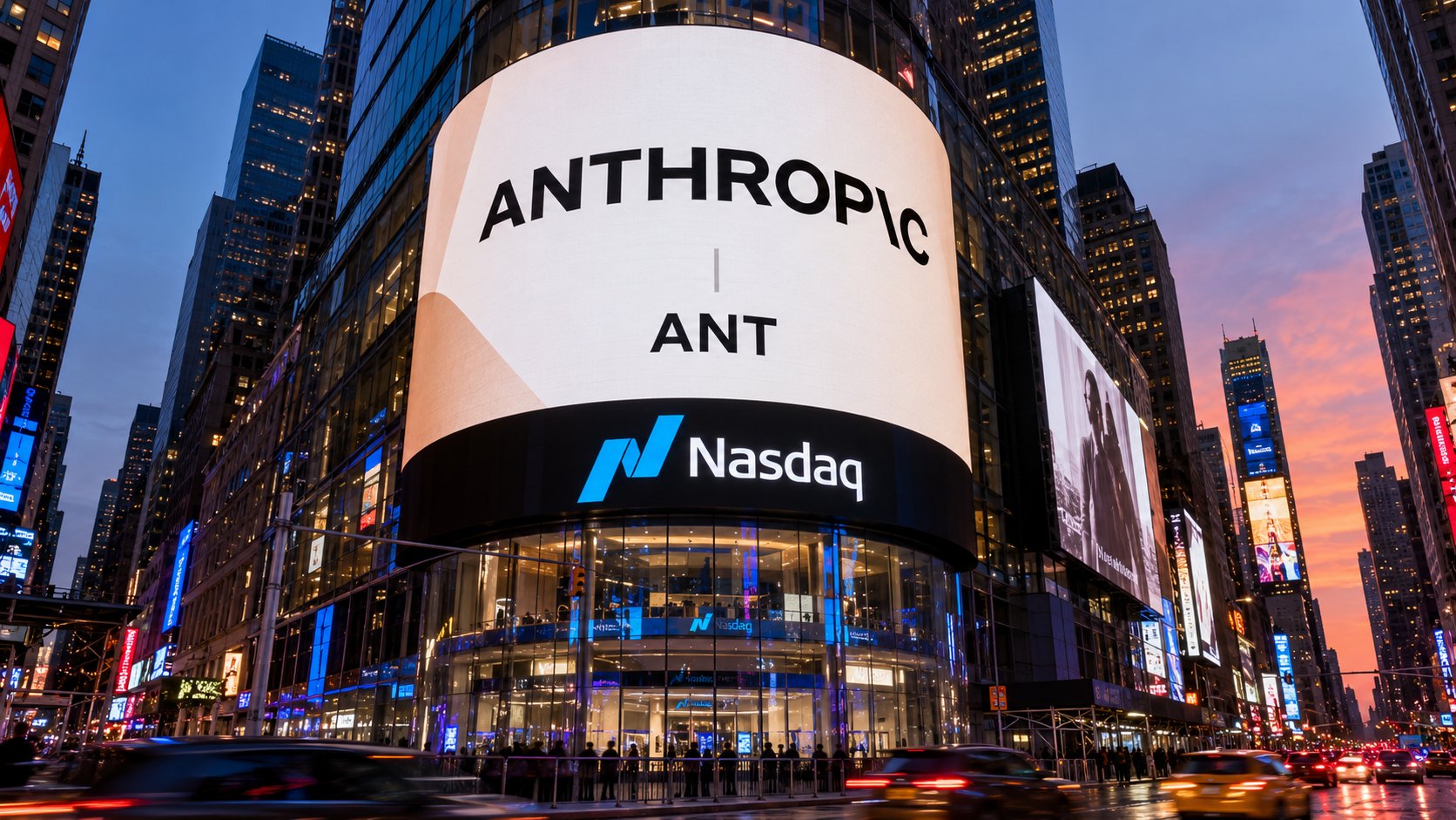 Ilustración editorial generada con IA: la fachada del Nasdaq MarketSite en Times Square al atardecer, con el nombre de Anthropic y el símbolo ANT en la pantalla gigante; composición conceptual, no es una fotografía del debut bursátil, que todavía no ocurrió.