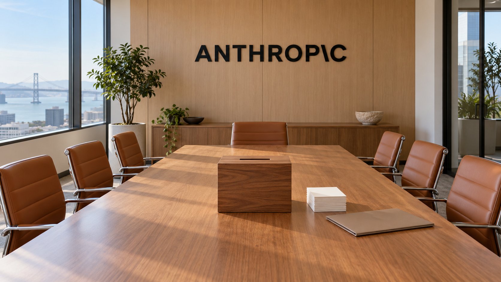 Ilustración editorial generada con IA: sala de directorio con la marca Anthropic en la pared y una urna de votación con tarjetas en blanco sobre la mesa; composición conceptual, no es una fotografía de las oficinas de Anthropic ni de una votación real.