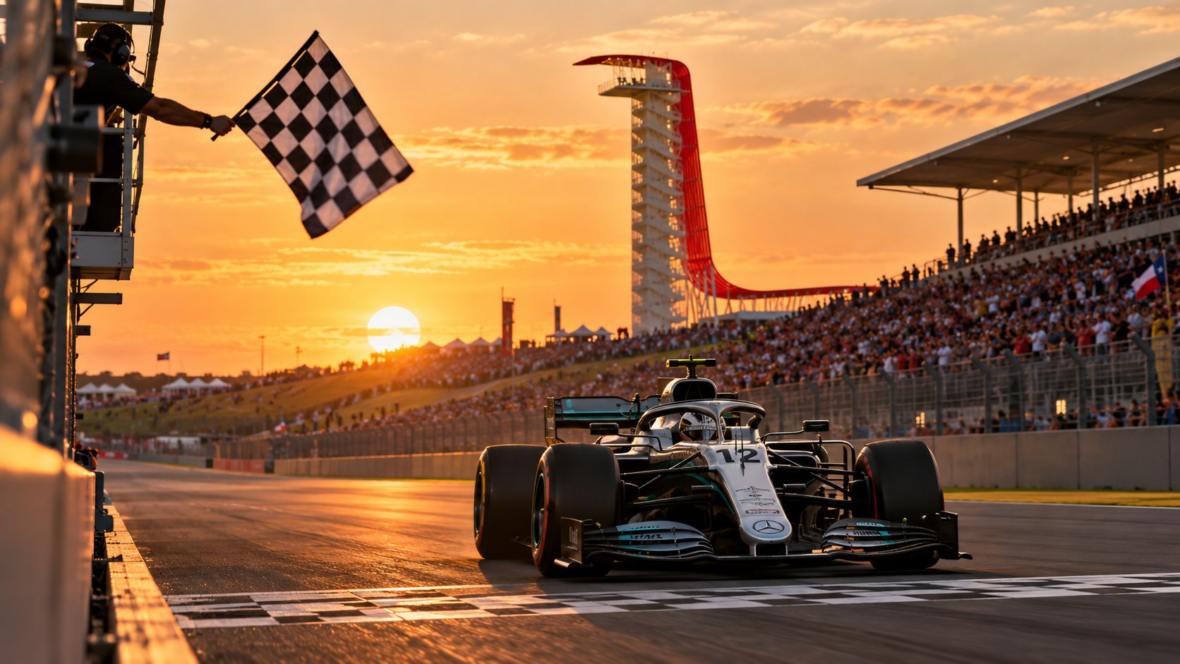 Ilustración editorial generada con IA: un Mercedes de Fórmula 1 plateado y negro con el número 12 cruza la línea de llegada del Circuito de las Américas al atardecer, bajo la bandera a cuadros, con la torre de observación roja y las tribunas llenas al fondo; composición conceptual, no es una fotografía de la carrera.