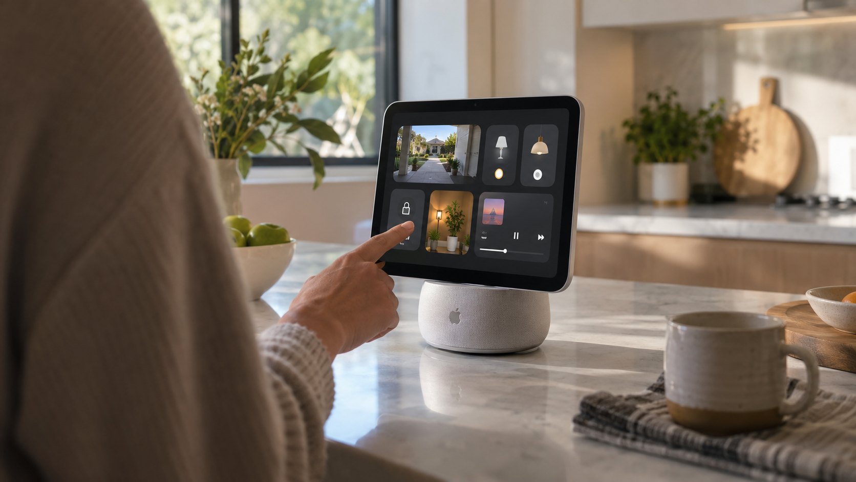 Ilustración editorial generada con IA: una persona toca la pantalla HomeView de Apple, apoyada sobre la mesada de una cocina y con el logo de Apple en la base; composición conceptual, no es una fotografía oficial del producto.