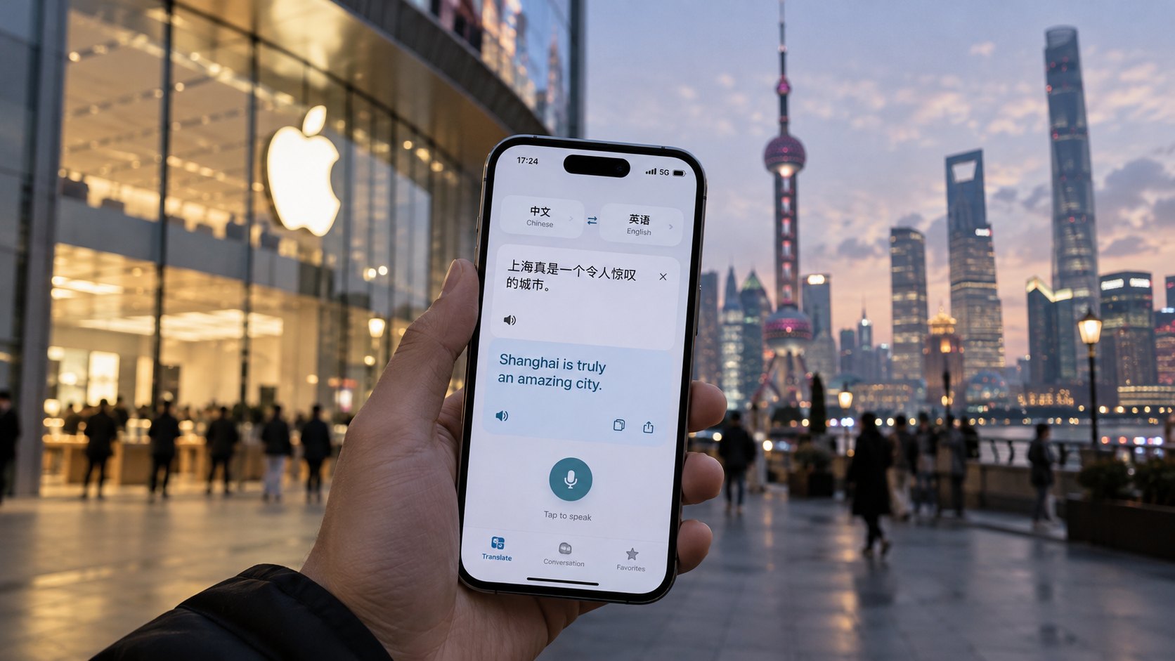 Ilustración editorial generada con IA: un iPhone en la mano de un usuario en una calle de Shanghai muestra una traducción en vivo entre chino e inglés, con una tienda Apple iluminada y el skyline de Pudong desenfocados al fondo; composición conceptual, no es una fotografía de la función ni de un lanzamiento real.