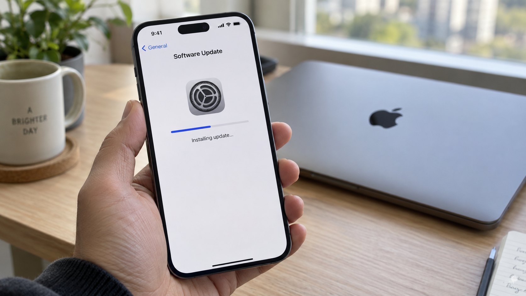 Ilustración editorial generada con IA: una mano sostiene un iPhone con la pantalla de actualización de software en curso, junto a una MacBook cerrada con el logo de Apple sobre un escritorio de madera; composición conceptual, no es una fotografía de un dispositivo atacado ni de la actualización real.
