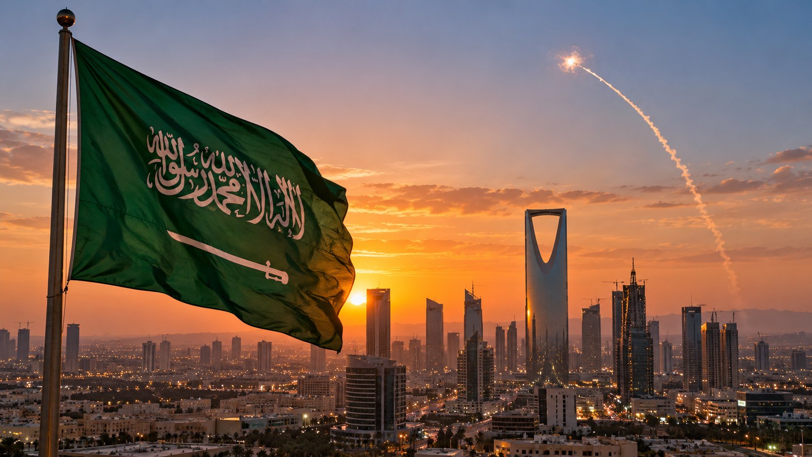 Ilustración editorial generada con IA: una bandera de Arabia Saudita flamea al atardecer frente al skyline de Riad, con la torre Kingdom Centre en el centro, mientras la estela de una intercepción antiaérea cruza el cielo; composición conceptual, no es una fotografía de un ataque real.