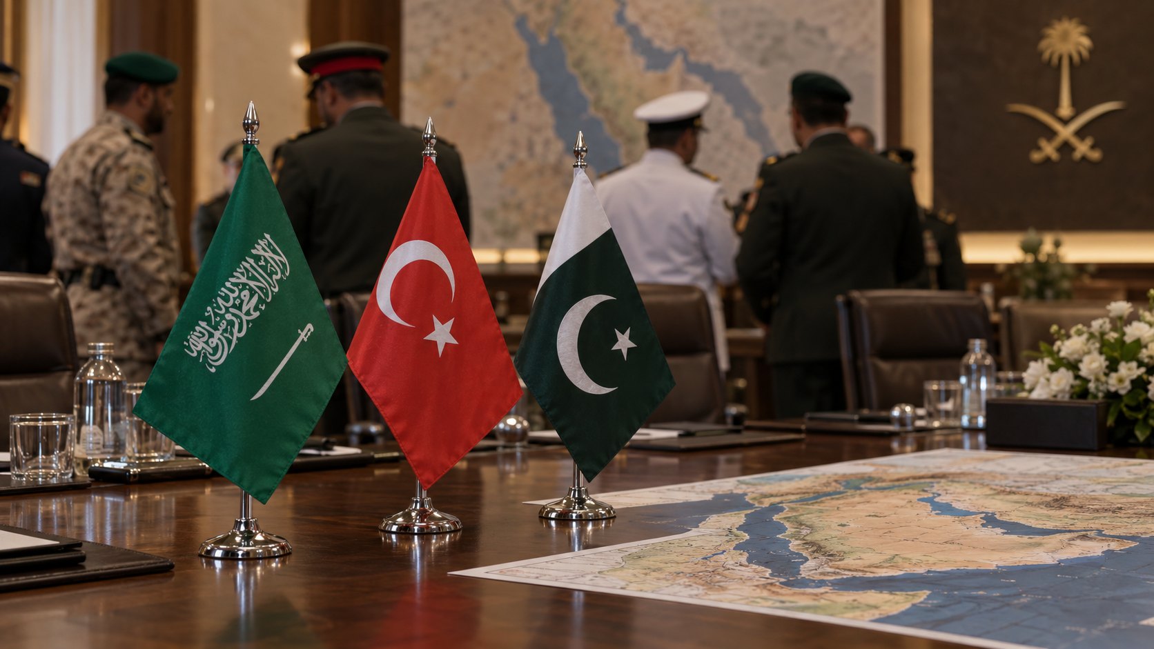 Ilustración editorial generada con IA: banderas de mesa de Arabia Saudita, Turquía y Pakistán sobre una mesa de reuniones militar, con oficiales desenfocados y un mapa de la península arábiga; composición conceptual, no es una fotografía de la reunión.