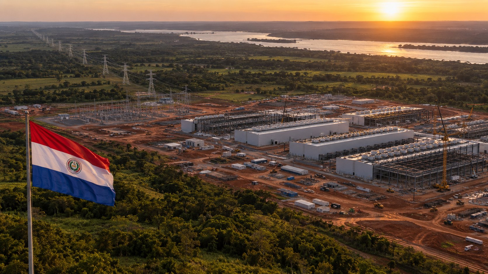 Ilustración editorial generada con IA: vista aérea al atardecer de un campus de centros de datos en construcción rodeado de tierra roja y campos verdes en el este de Paraguay, con grúas, una línea de alta tensión que llega desde un río en el horizonte y una bandera de Paraguay en primer plano; composición conceptual, no es una fotografía del proyecto.