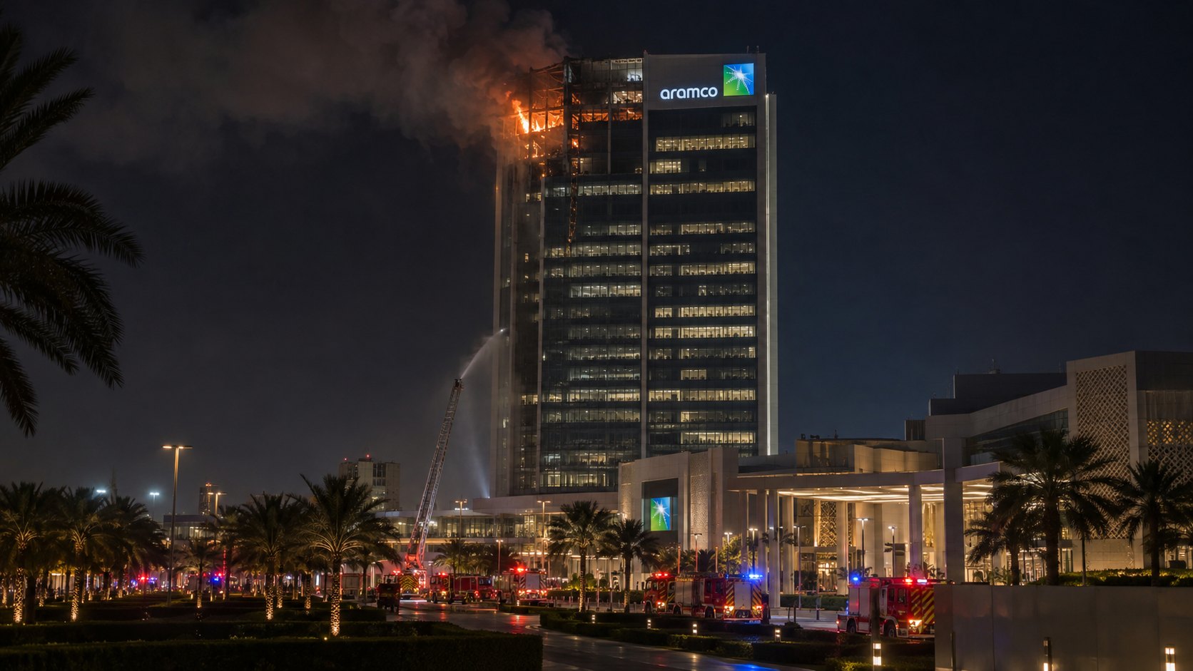 Ilustración editorial generada con IA: la torre de oficinas de la sede de Saudi Aramco en Dhahran, de noche, con humo y resplandor en sus pisos superiores y vehículos de emergencia al pie; composición conceptual, no es una fotografía del ataque.