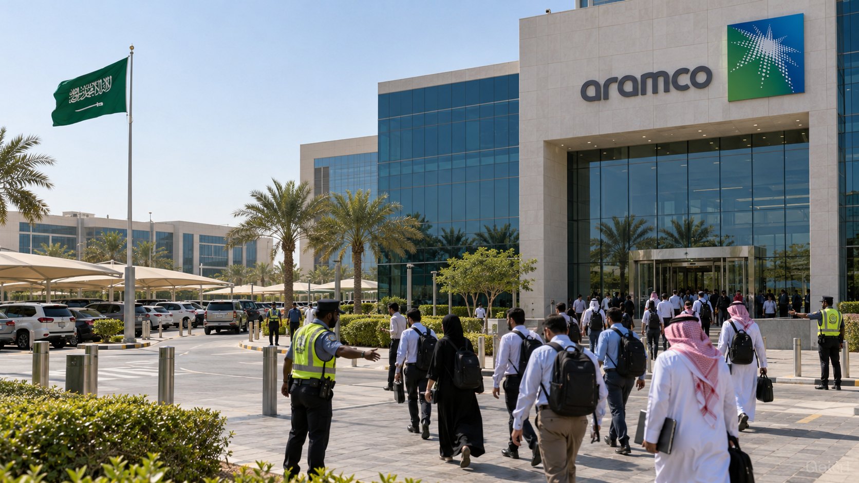 Ilustración editorial generada con IA: empleados con mochilas y laptops salen de la sede de Saudi Aramco en Dhahran, con el logo de Aramco en la fachada y una bandera de Arabia Saudita, mientras personal de seguridad los guía; composición conceptual, no es una fotografía de la evacuación real.