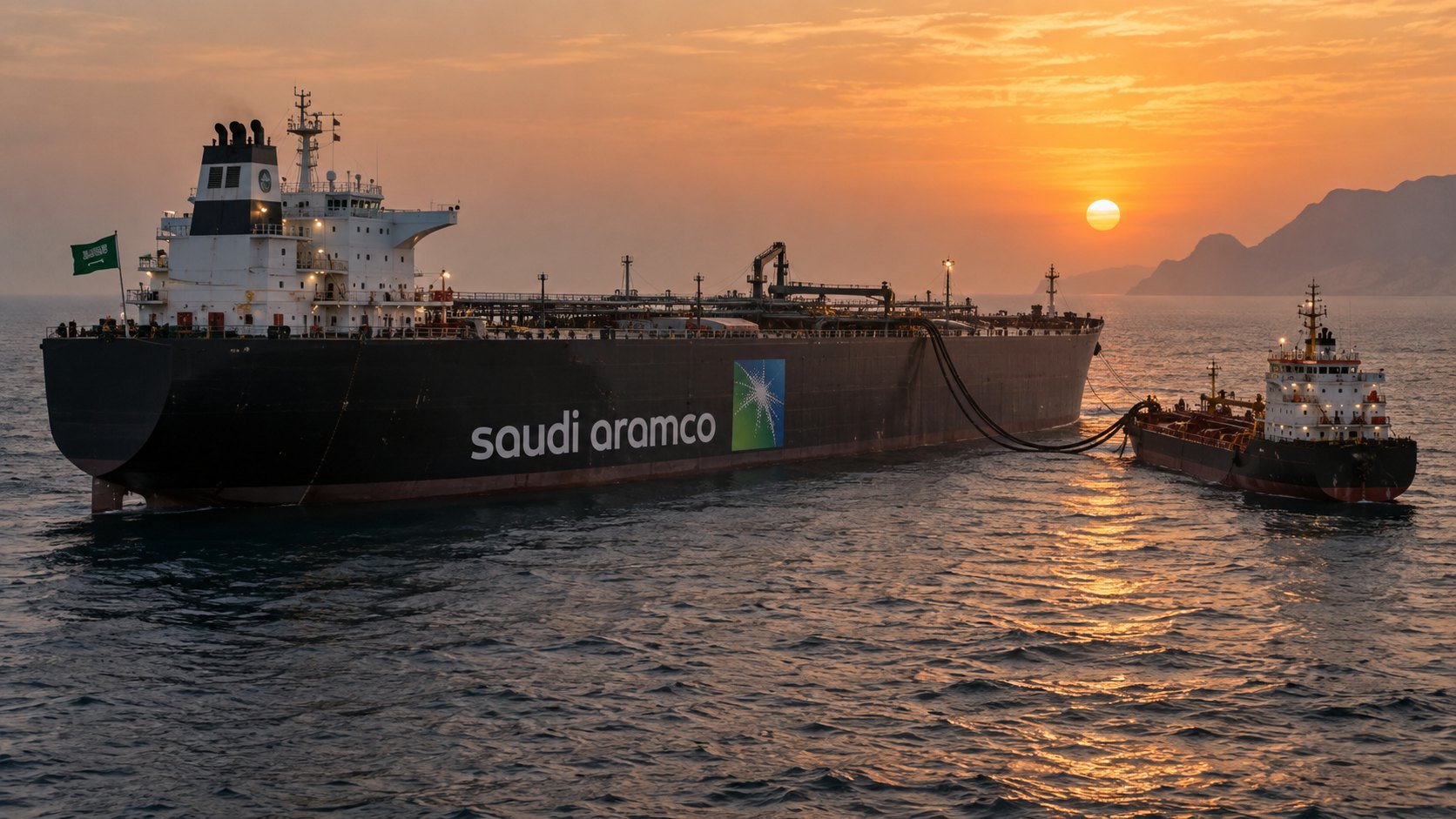 Ilustración editorial generada con IA: un superpetrolero de casco oscuro con el logo de Saudi Aramco y una bandera de Arabia Saudita en la popa recibe crudo de un buque más chico mediante mangueras, en una transferencia de barco a barco en mar abierto al atardecer, con montañas costeras al fondo; composición conceptual, no es una fotografía de buques ni operaciones reales.
