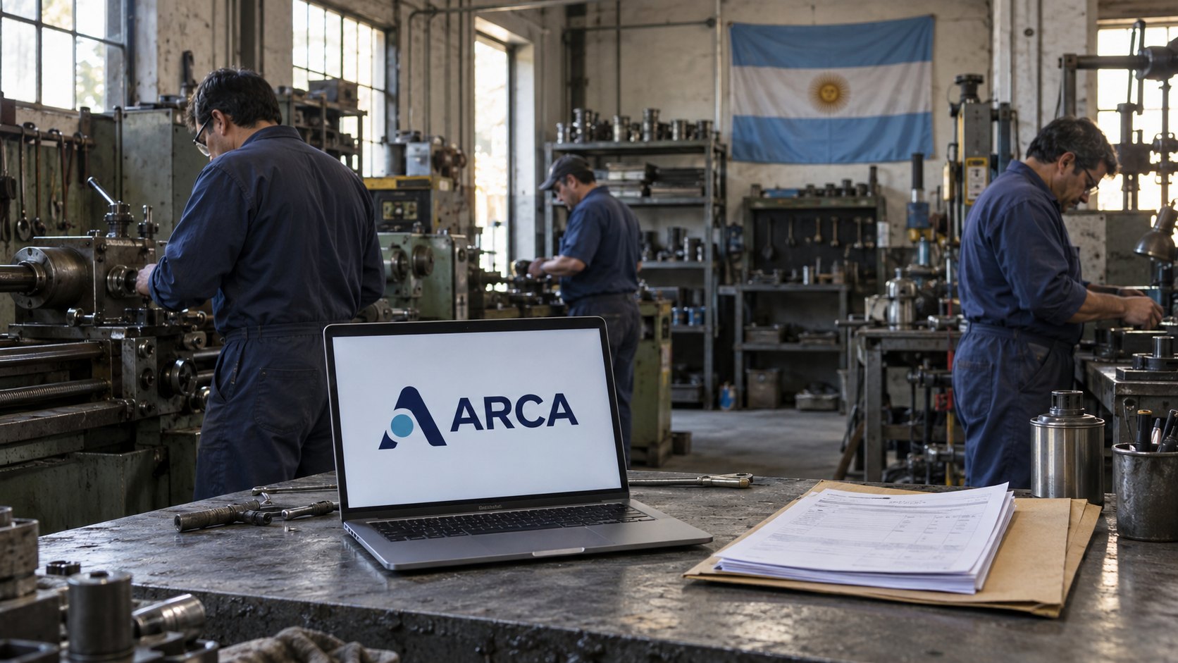 Ilustración editorial generada con IA: el taller de una pyme metalúrgica argentina con operarios trabajando y una notebook con el logo de ARCA; composición conceptual, no es una fotografía documental.