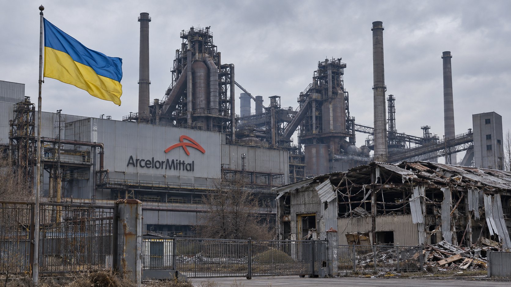 Ilustración editorial generada con IA: altos hornos de una acería con la marca ArcelorMittal, detenidos y sin humo, con una bandera de Ucrania en primer plano y daños visibles en una estructura lateral; composición conceptual, no es una fotografía de la planta de Kryvyi Rih.