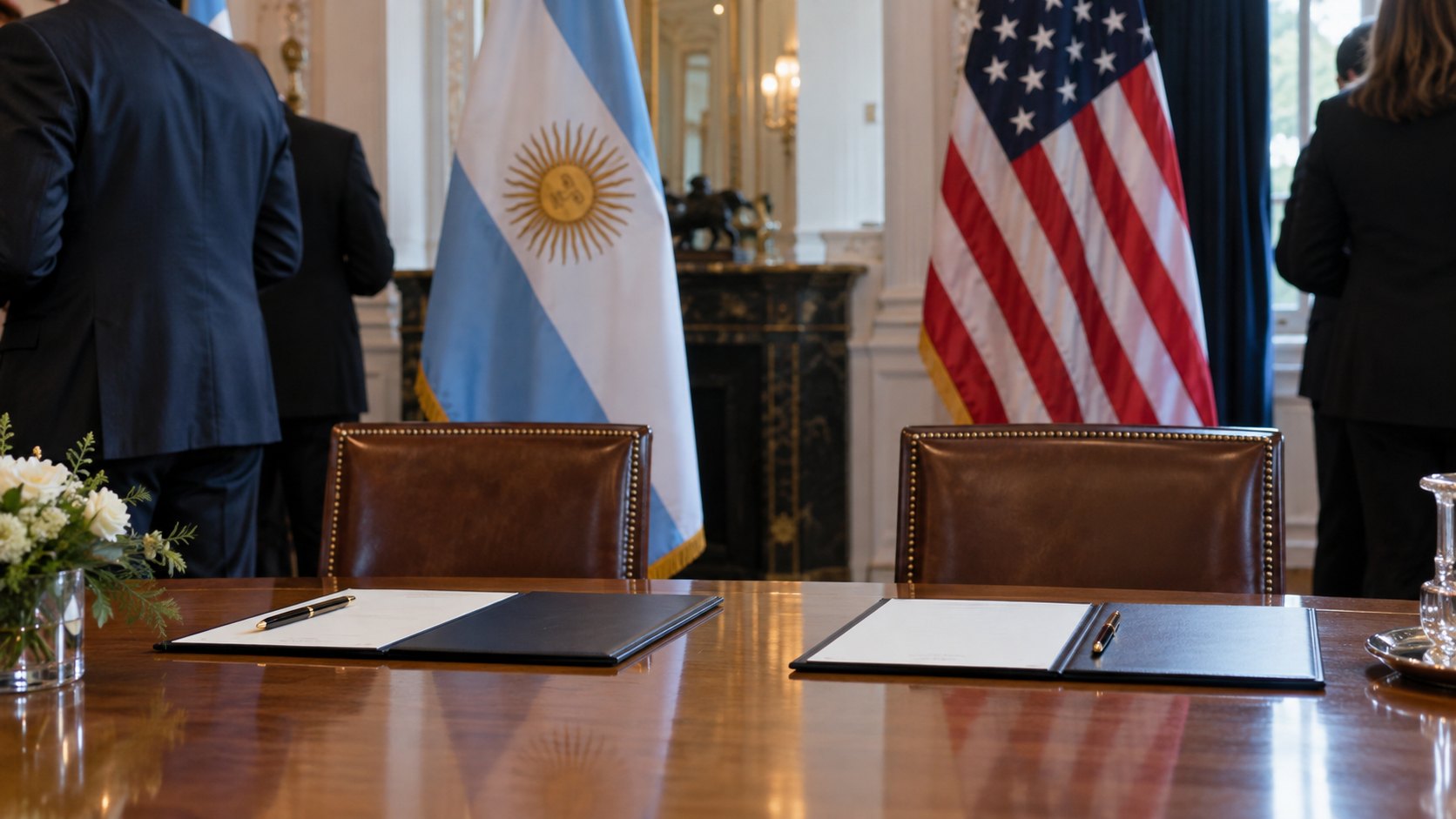 Ilustración editorial generada con IA: una sala oficial de firma con una mesa de madera, dos carpetas de cuero abiertas y lapiceras, y detrás las banderas de la Argentina y de Estados Unidos; composición conceptual, no es una fotografía de la firma del protocolo.