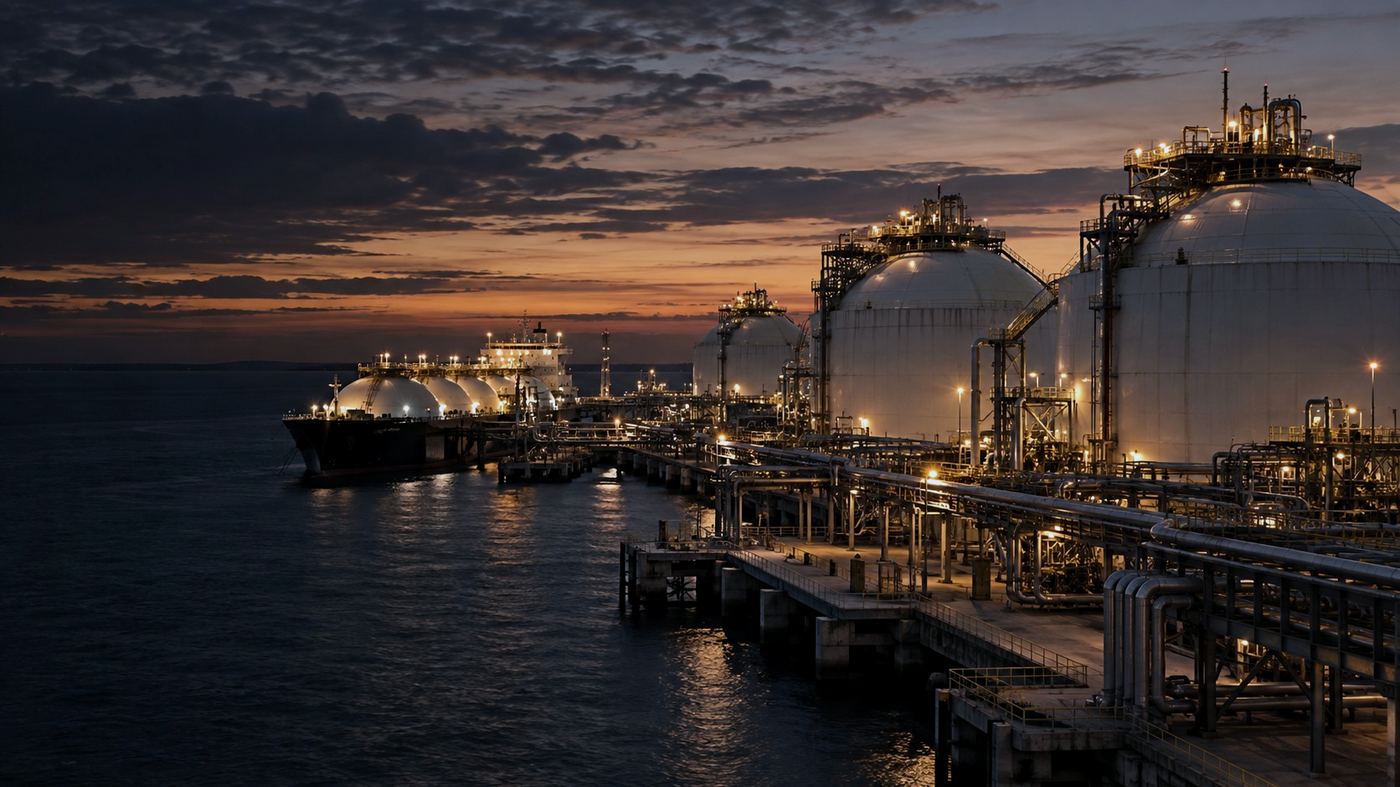 Planta de licuefacción de gas natural junto a la costa, con tanques criogénicos esféricos y estructuras metálicas industriales iluminadas al atardecer