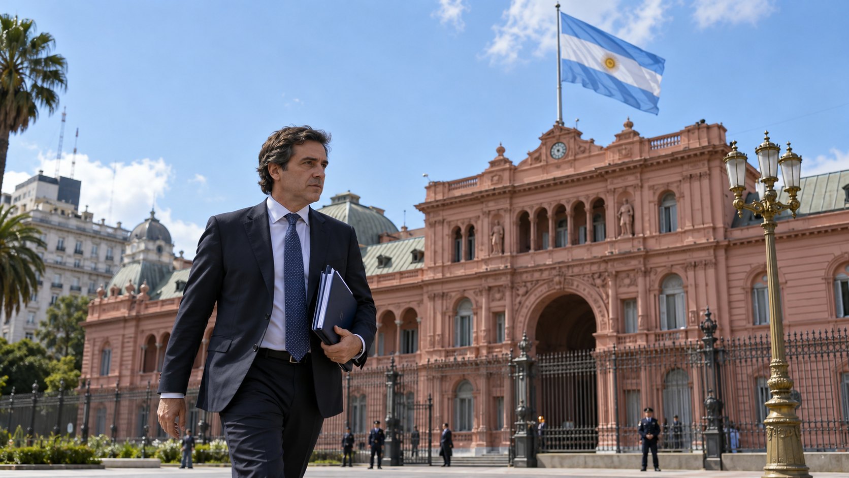 Ilustración editorial generada con IA: un funcionario de traje oscuro camina con una carpeta de documentos frente a la Casa Rosada, en Buenos Aires, de día, con la bandera argentina flameando en lo alto; composición conceptual, no es una fotografía de una persona ni de un hecho real.