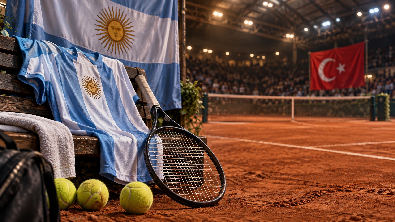 Ilustración editorial con IA: raqueta y camiseta argentina frente a una cancha de tenis con banderas de Argentina y Turquía; no es una foto de la serie.