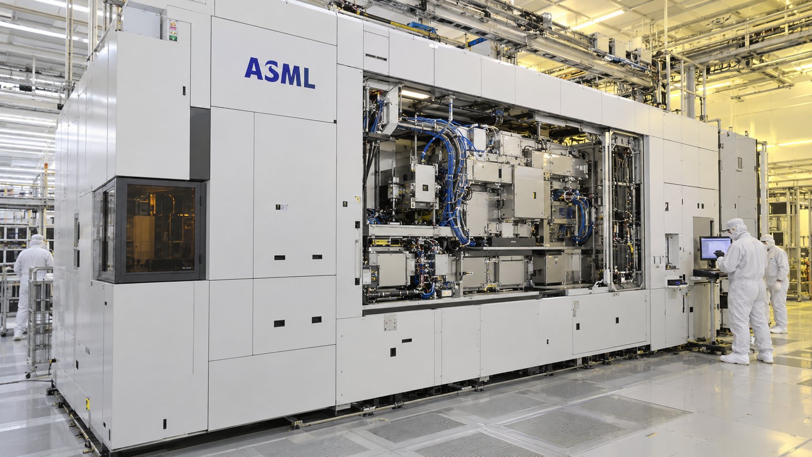 Ilustración editorial generada con IA: una máquina de litografía EUV de ASML, un gran módulo blanco con el nombre ASML en la carcasa, en una sala limpia de semiconductores con técnicos de traje blanco trabajando a su lado; composición conceptual, no es una fotografía de una máquina ni de una planta reales.
