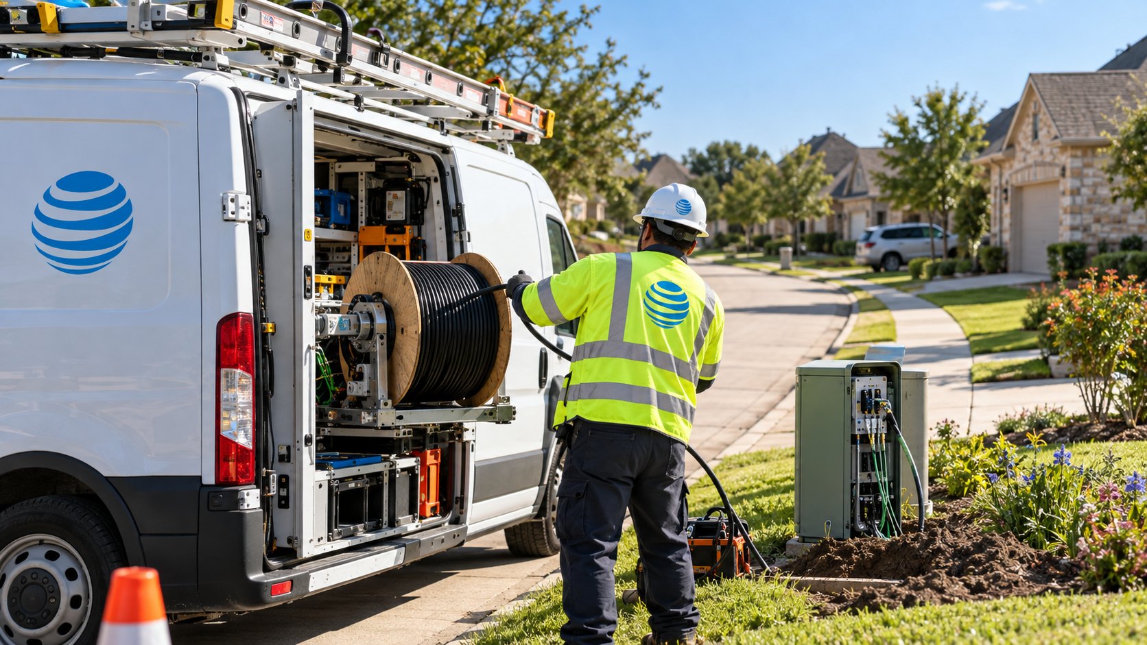 Ilustración editorial generada con IA: un técnico de espaldas, con casco y chaleco con el logo de AT&T, despliega cable de fibra óptica desde una bobina montada en una camioneta de servicio blanca con el logo de la empresa, en una calle residencial suburbana; composición conceptual, no es una fotografía de una instalación real.