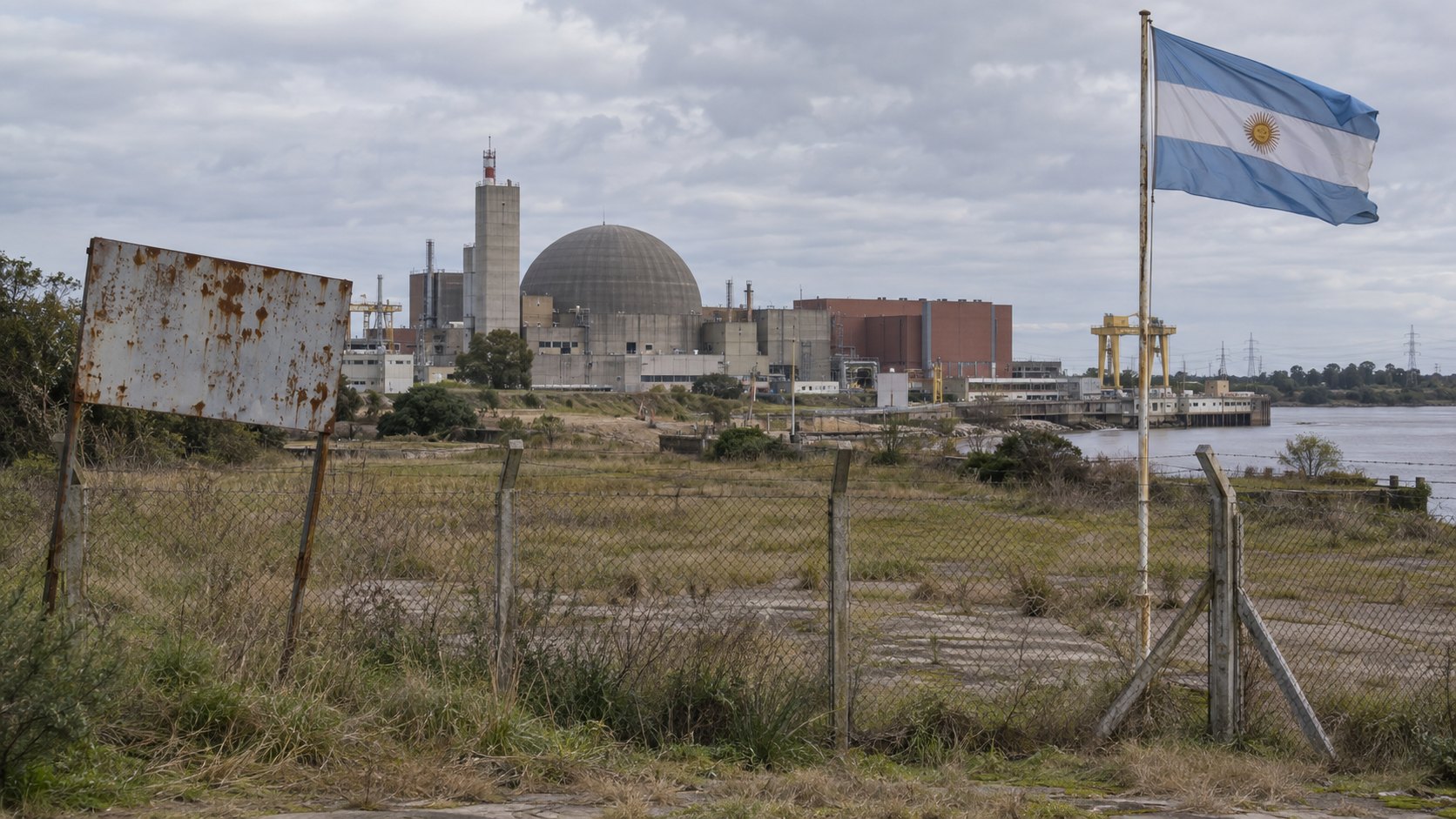 Ilustración editorial generada con IA: el domo de una central nuclear junto al río Paraná y, en primer plano, un terreno vacío con pasto crecido, un alambrado y un cartel de obra abandonado, con una bandera argentina en un mástil; composición conceptual, no es una fotografía documental del complejo Atucha.