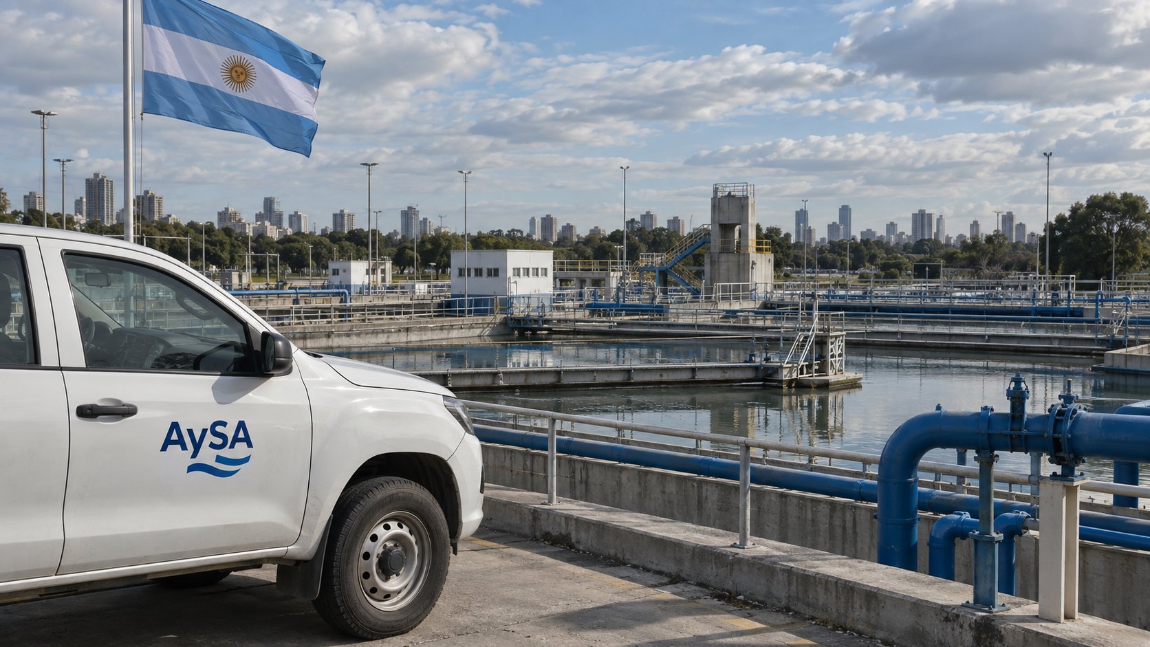 Ilustración editorial generada con IA: planta potabilizadora de agua con piletas de tratamiento y una camioneta de servicio con la marca AySA junto a una bandera argentina; composición conceptual, no es una fotografía del caso.