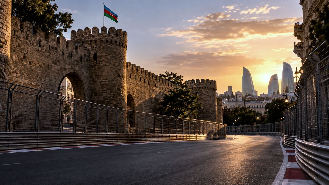 Circuito callejero de Bakú al atardecer, junto a las murallas de la Ciudad Vieja y el skyline de las Torres de Llama