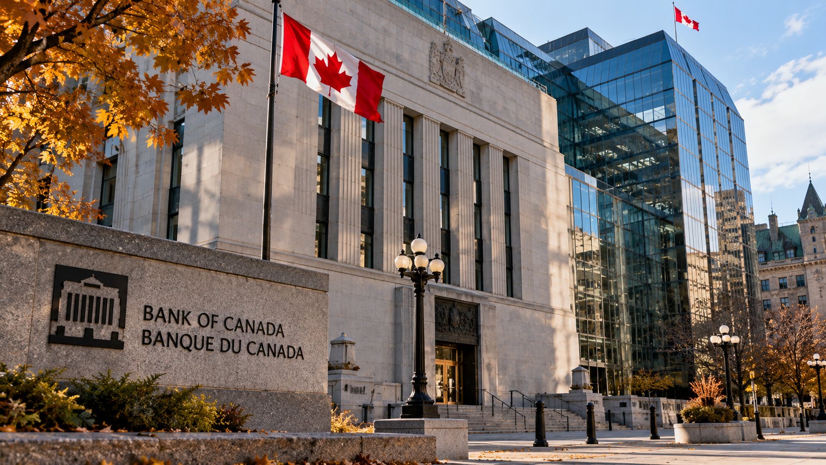Ilustración editorial generada con IA: la sede del Banco de Canadá en Wellington Street, Ottawa, con la bandera de Canadá en primer plano en una mañana de otoño; composición conceptual, no es una fotografía del día del anuncio.
