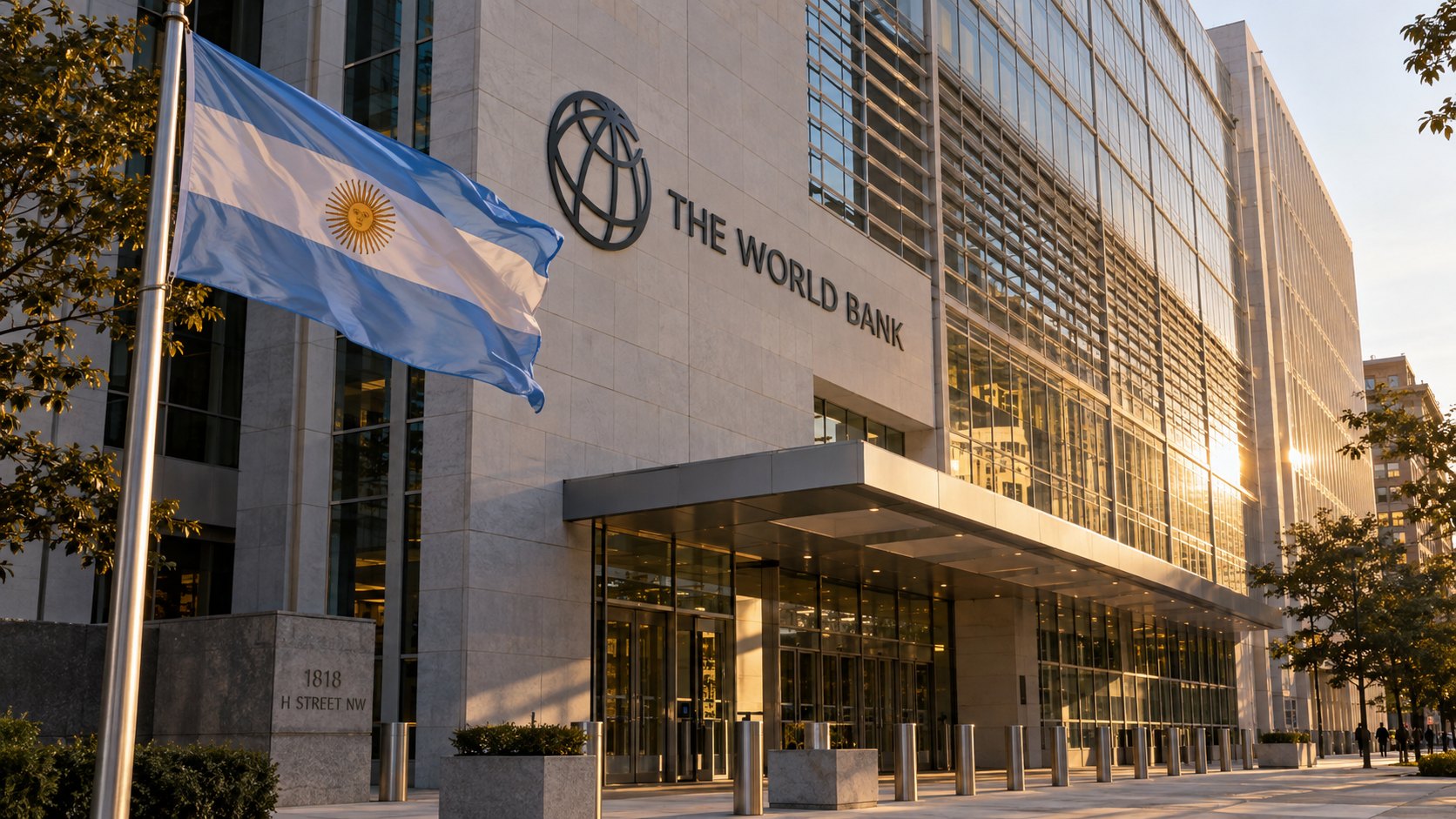 Ilustración editorial generada con IA: la fachada de la sede del Banco Mundial en Washington, con su logo y el nombre The World Bank sobre la entrada, y una bandera argentina flameando en primer plano a la luz de la tarde; composición conceptual, no es una fotografía documental.