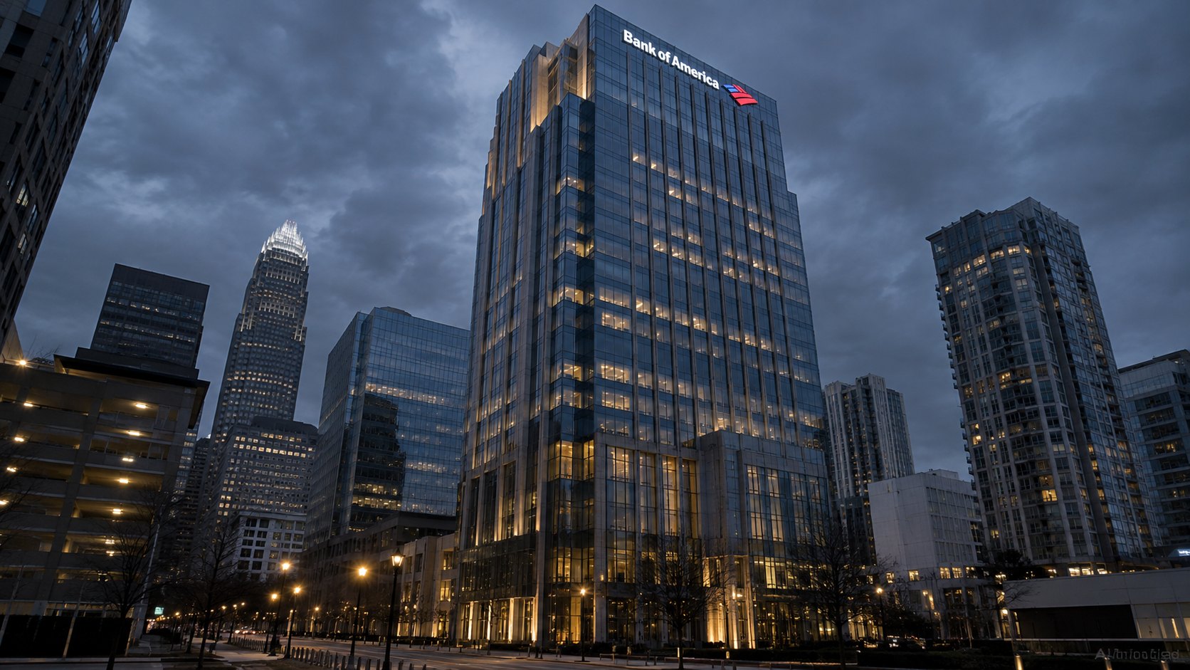 Ilustración editorial generada con IA: la torre corporativa de Bank of America, con el logo de la marca en lo alto de la fachada, en el centro de Charlotte, Carolina del Norte, bajo un cielo nublado al anochecer; composición conceptual, no es una fotografía documental.