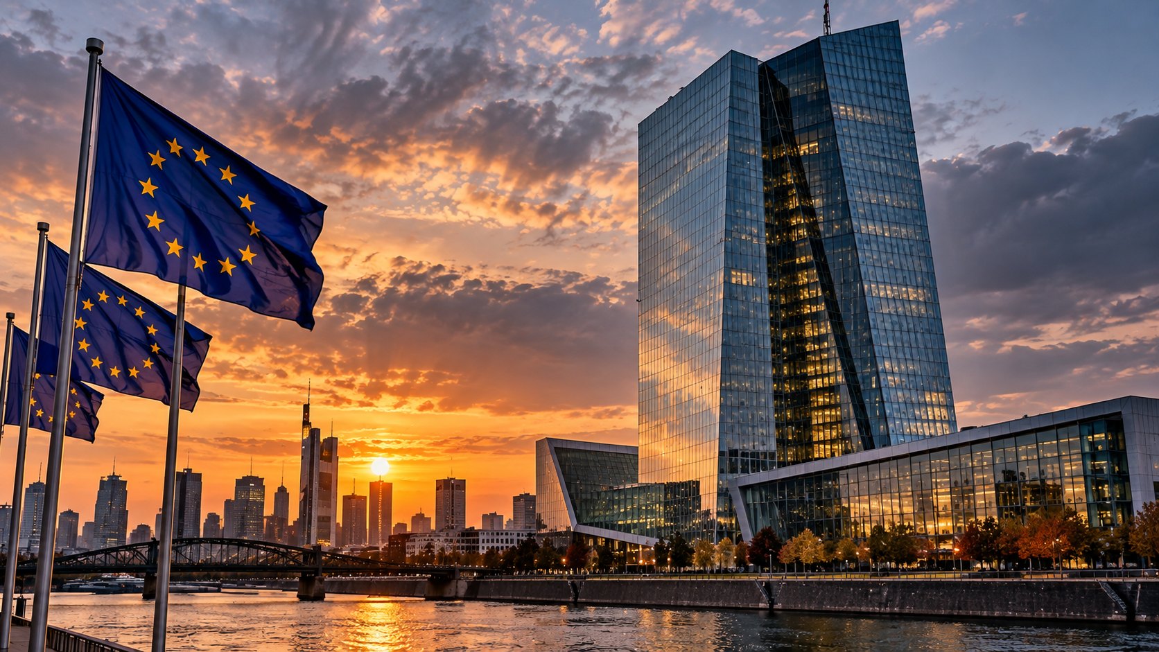 Ilustración editorial generada con IA: la torre de vidrio de la sede del Banco Central Europeo en Fráncfort junto al río Meno al atardecer, con banderas de la Unión Europea en primer plano; composición conceptual, no es una fotografía documental.
