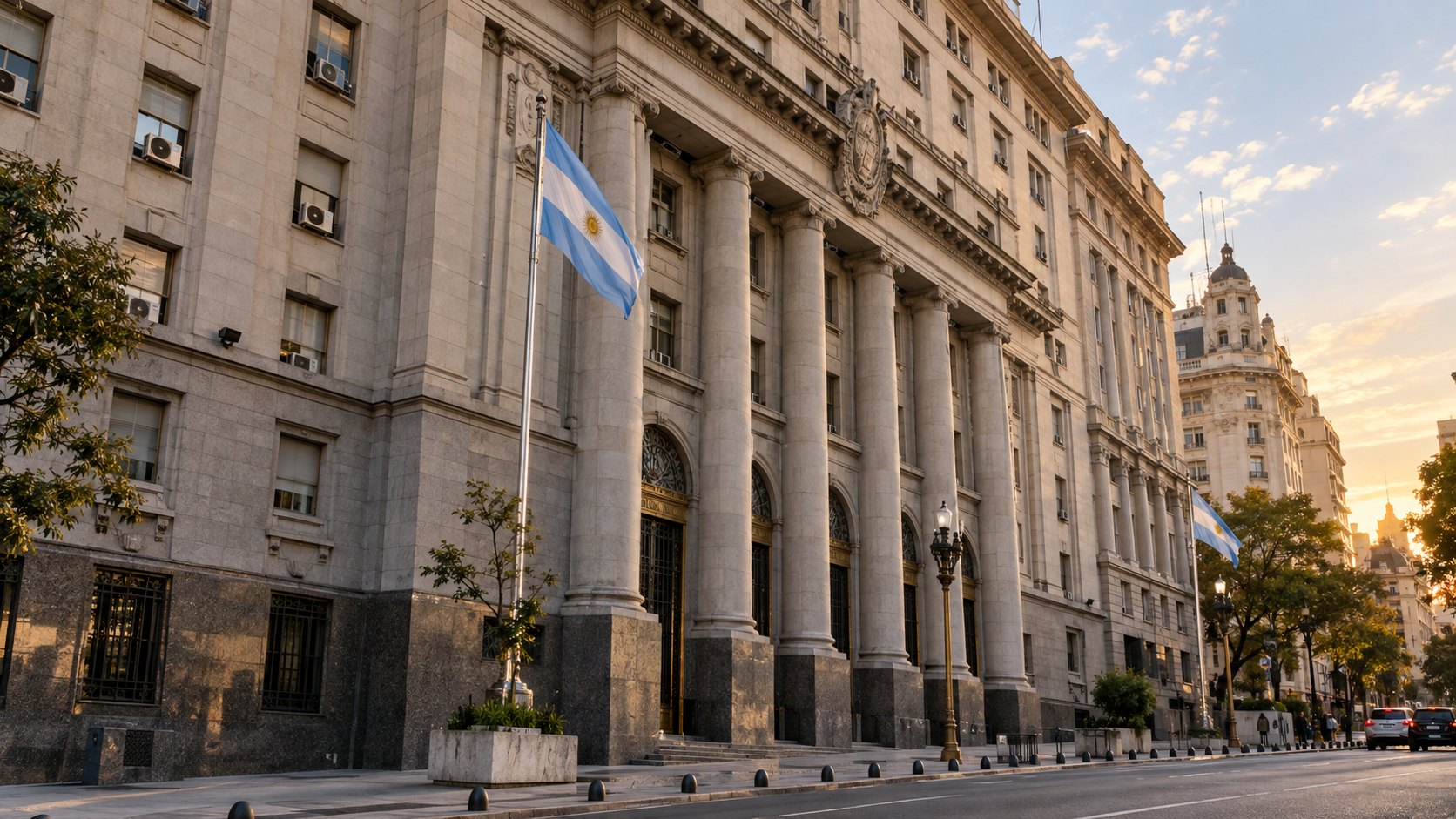 Ilustración editorial generada con IA: la fachada del Palacio de Hacienda, sede del Ministerio de Economía, frente a Plaza de Mayo en Buenos Aires, con banderas argentinas; no es una fotografía de un hecho real.