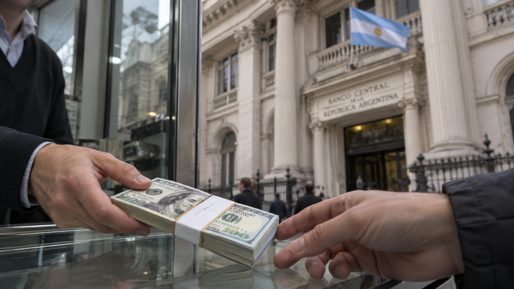 Ilustración editorial generada con IA: frente a la fachada del Banco Central de la República Argentina, con una bandera argentina, una mano entrega un fajo de billetes de dólar a otra sobre el mostrador de vidrio de una casa de cambio; composición conceptual, no es una fotografía de una operación real.