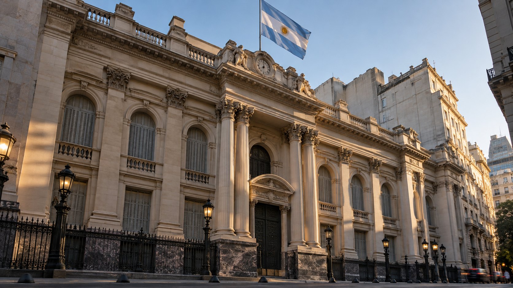 Ilustración editorial generada con IA: la fachada histórica del Banco Central de la República Argentina en el microcentro porteño, con una bandera argentina en lo alto, a la luz de la tarde; composición conceptual, no es una fotografía documental.