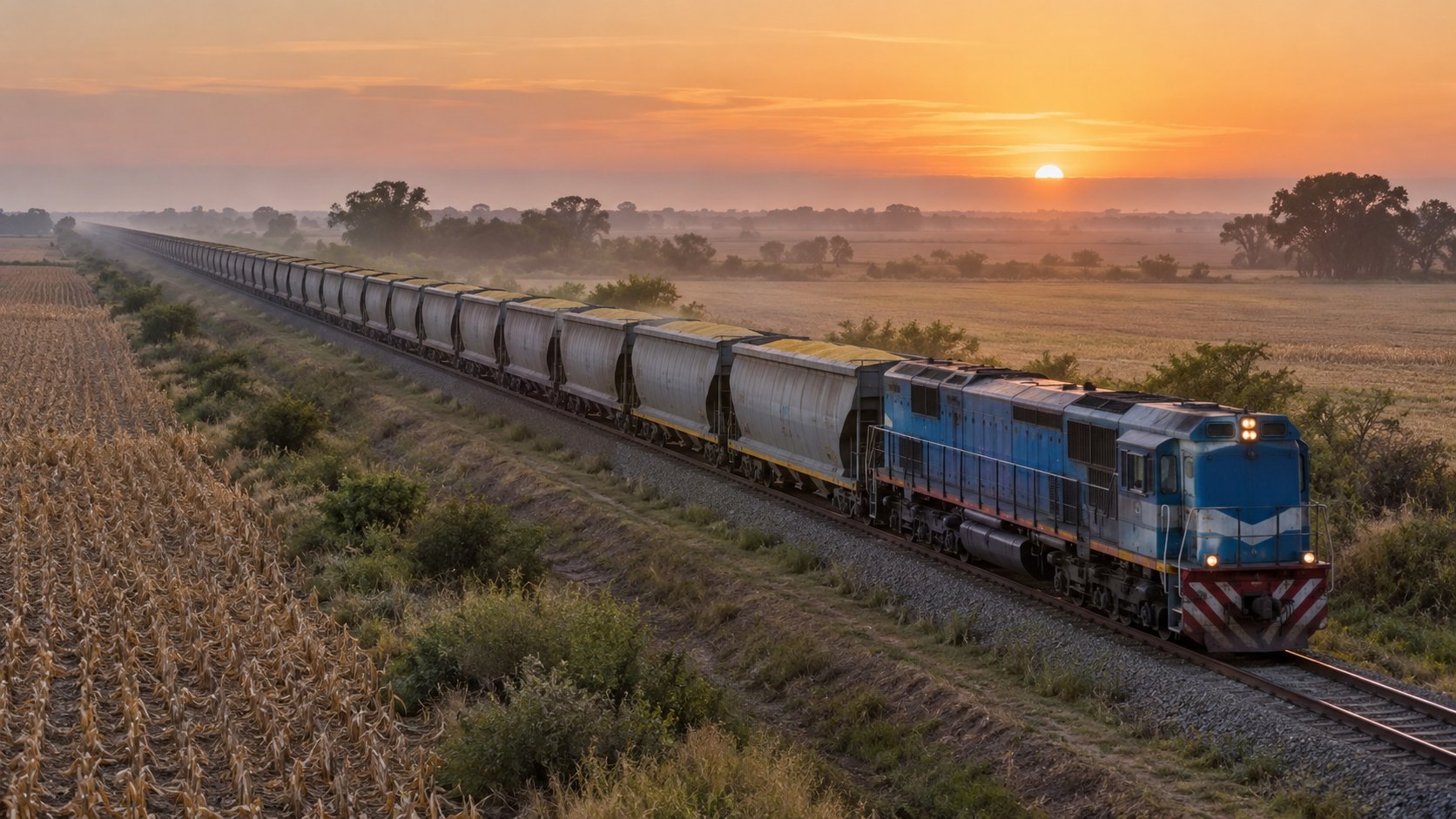 Ilustración editorial generada con IA: un tren de carga con locomotora diésel y vagones tolva para granos avanza junto a campos cosechados en la llanura, al amanecer; composición conceptual, no es una fotografía de un tren o una línea identificados.