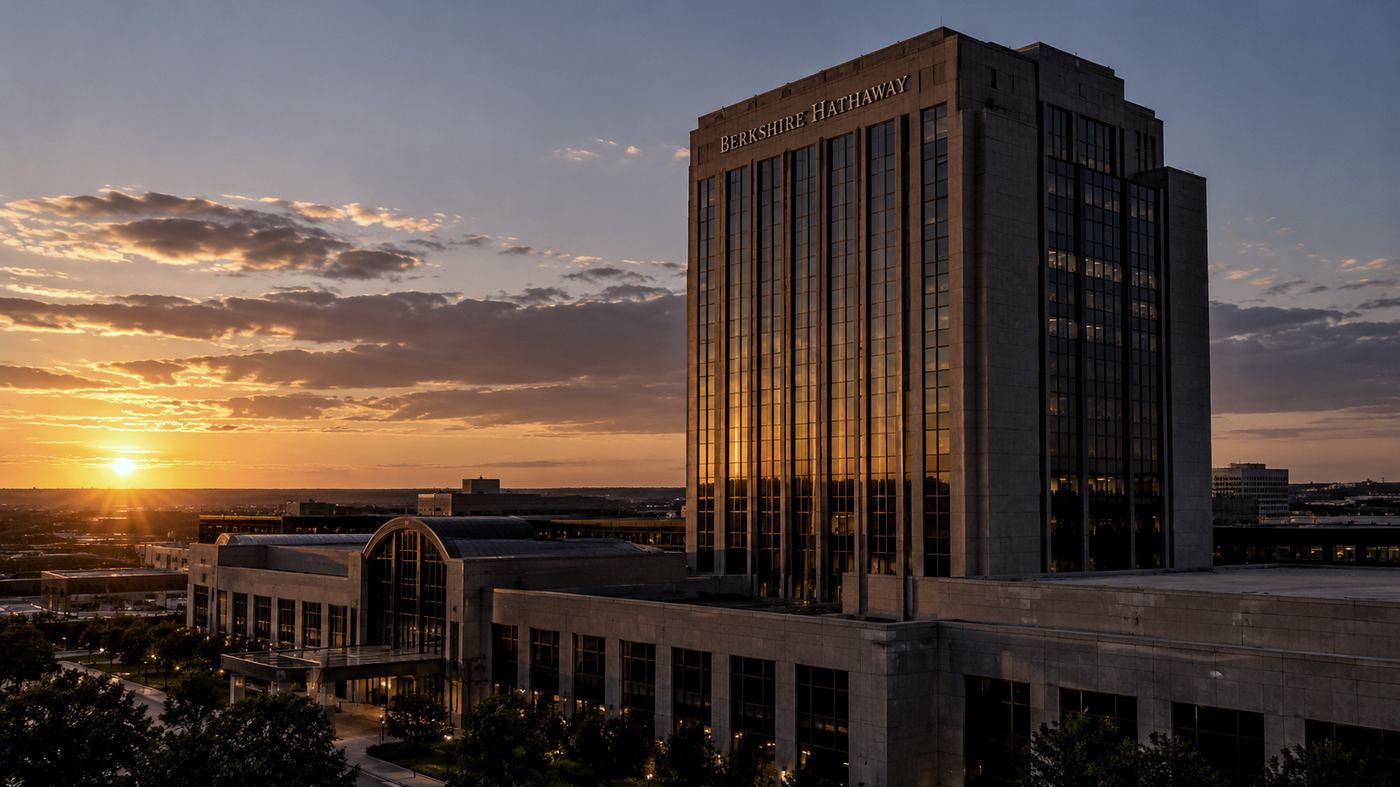 Fachada del edificio Kiewit Plaza, sede de Berkshire Hathaway en Omaha, Nebraska, fotografiada al atardecer con luz dorada